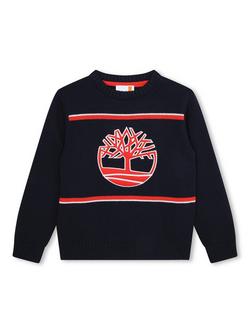 Timberland Kids' Graphic Tree Logo Jaquard Stripe Knit Pullover Jumper, Dark Blue/Multi, Dark Blue/Multi