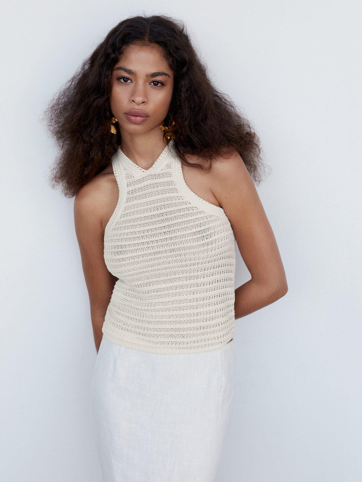 Mango Molino Halter Neck Crochet Top, Light Beige