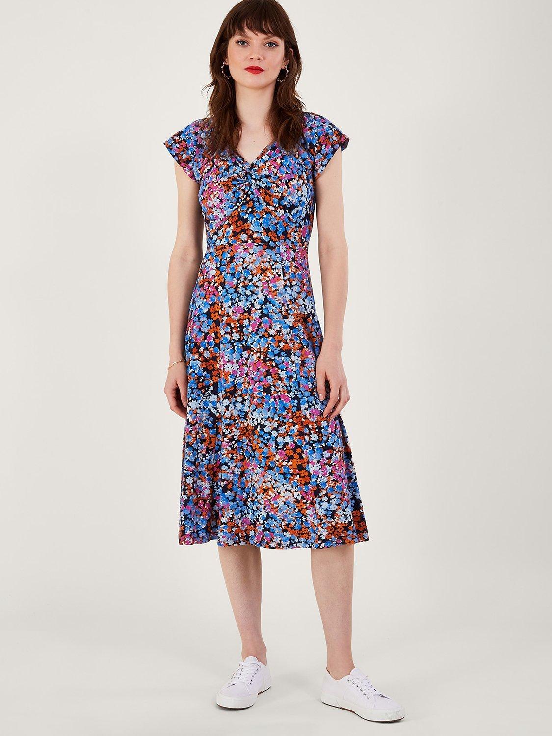 Monsoon Ditsy Print Twist Detail Jersey Midi Dress, Navy