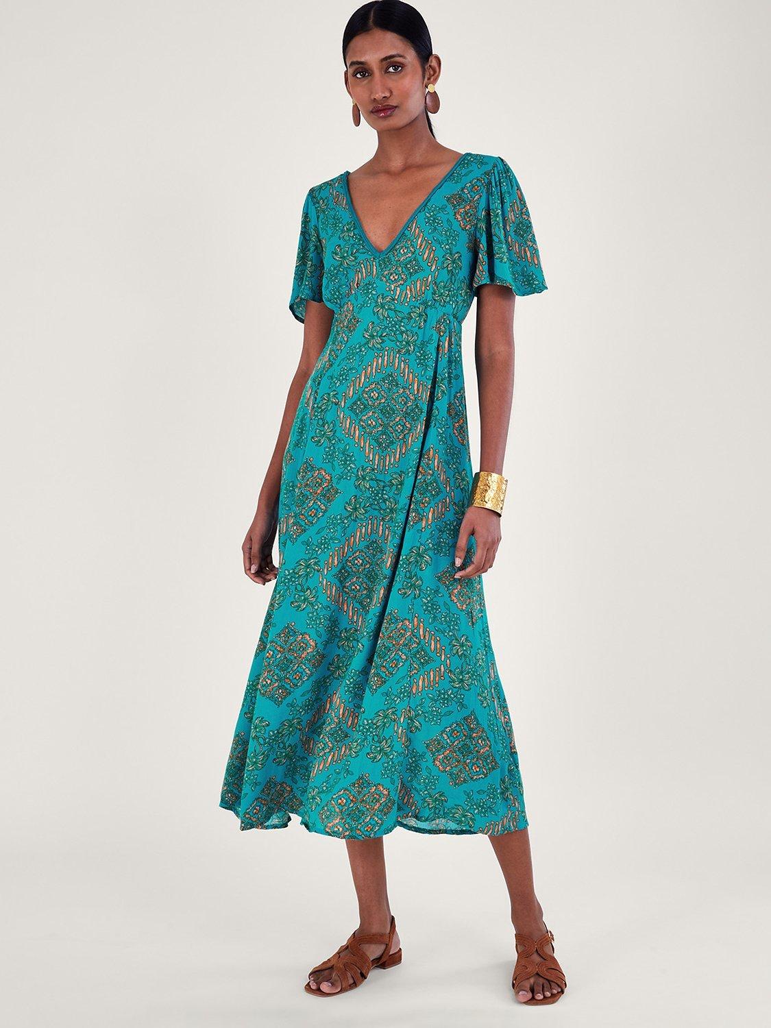 Monsoon Tile Effect Midi Dress, Turquoise/Multi