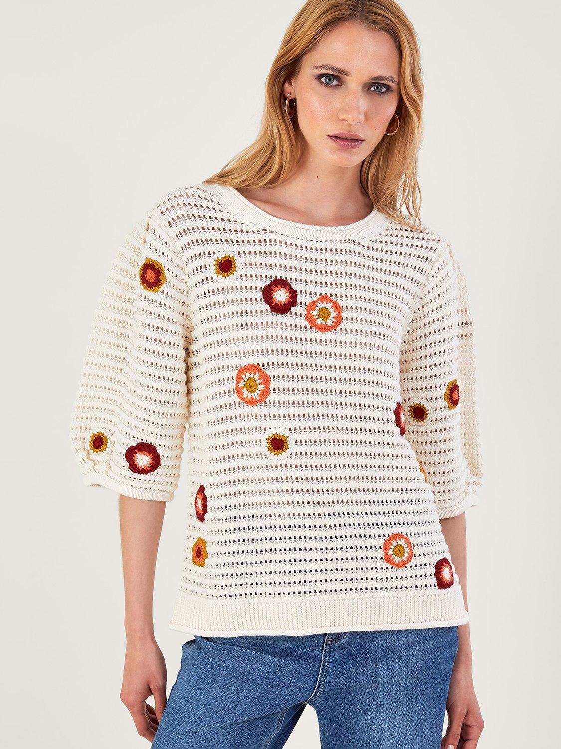 Monsoon Floral Trim Cotton Jumper, Ivory