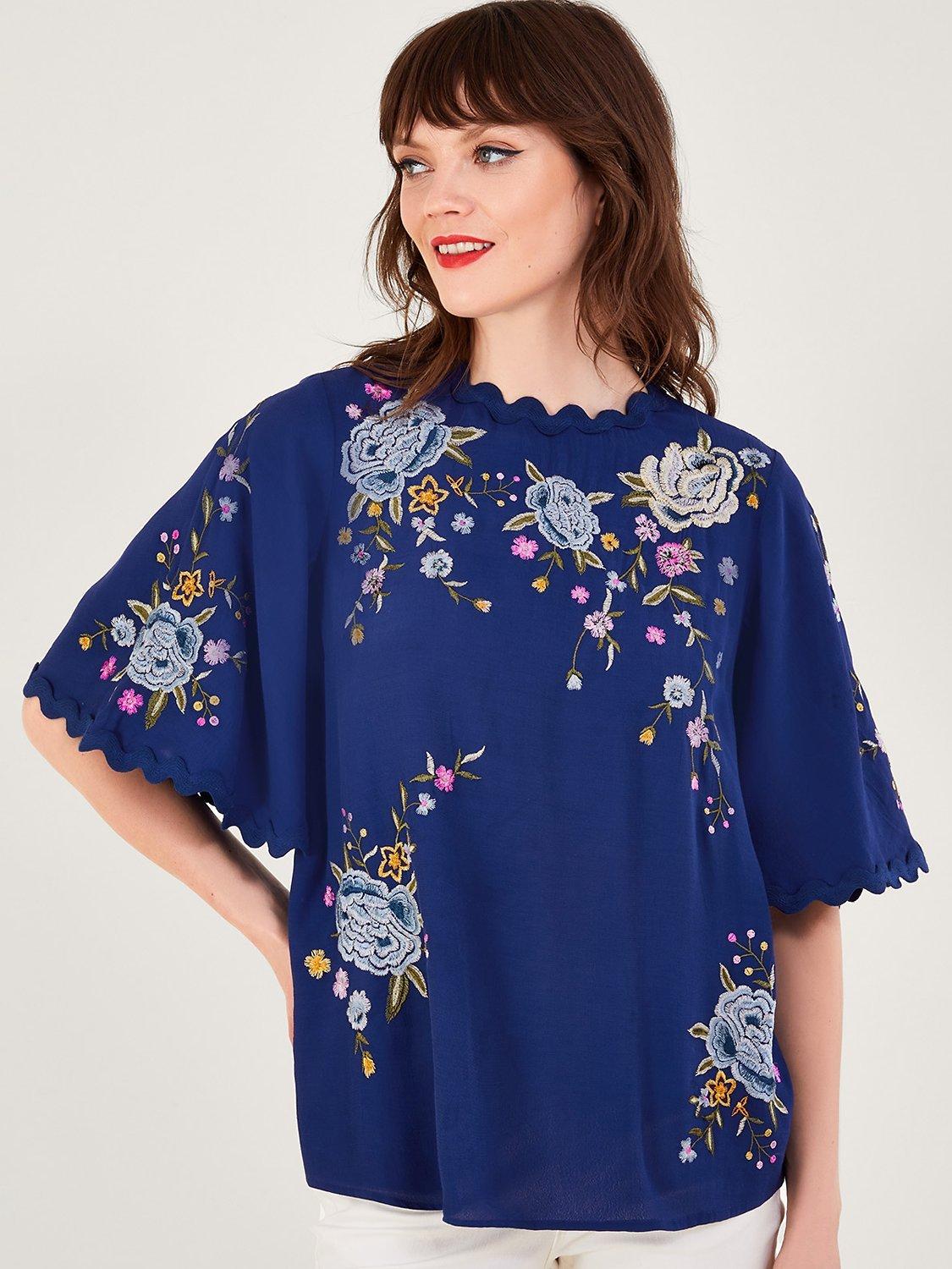 Monsoon Olla Embroidered Floral Kimono Top, Blue/Multi