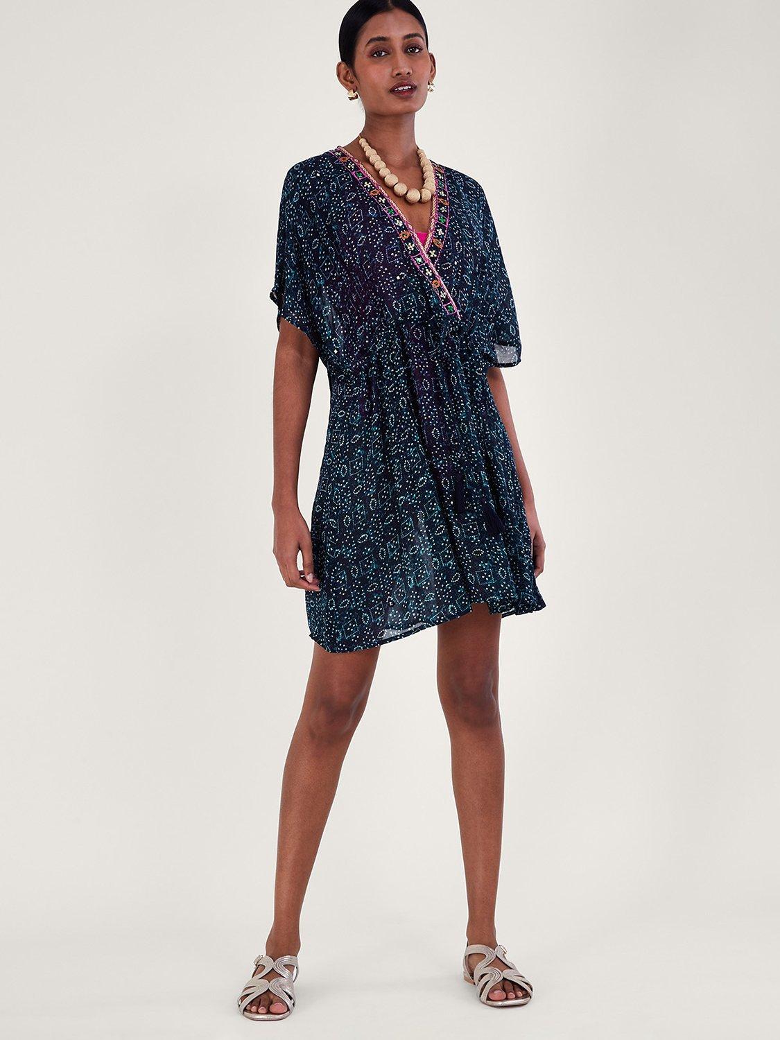 Monsoon Abstract Print Embroidered Kaftan Top, Navy