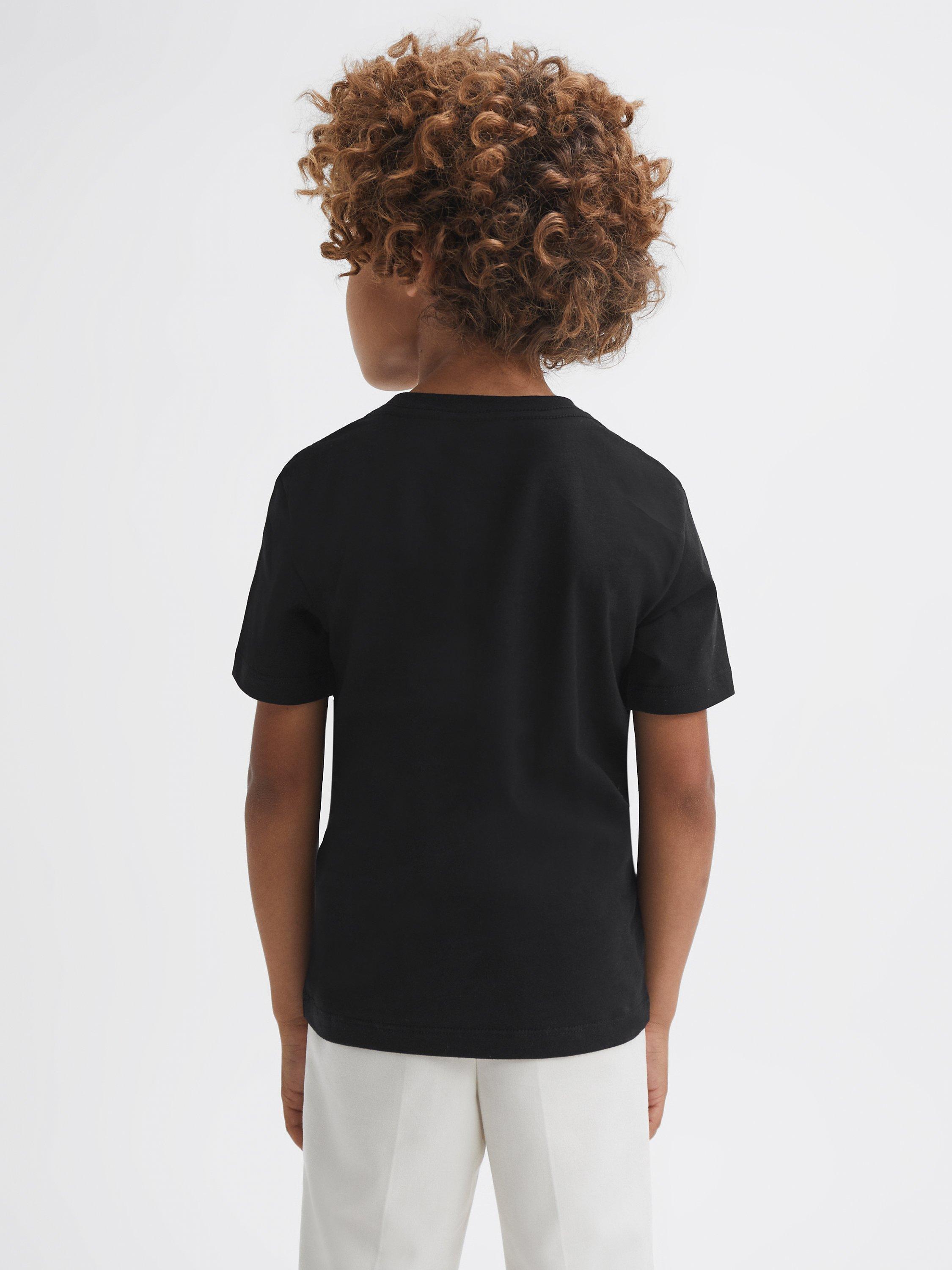 Product image 2 of 5, which shows Reiss Kids' Bless Crew Neck Cotton T-Shirt, Black, 3-4 years