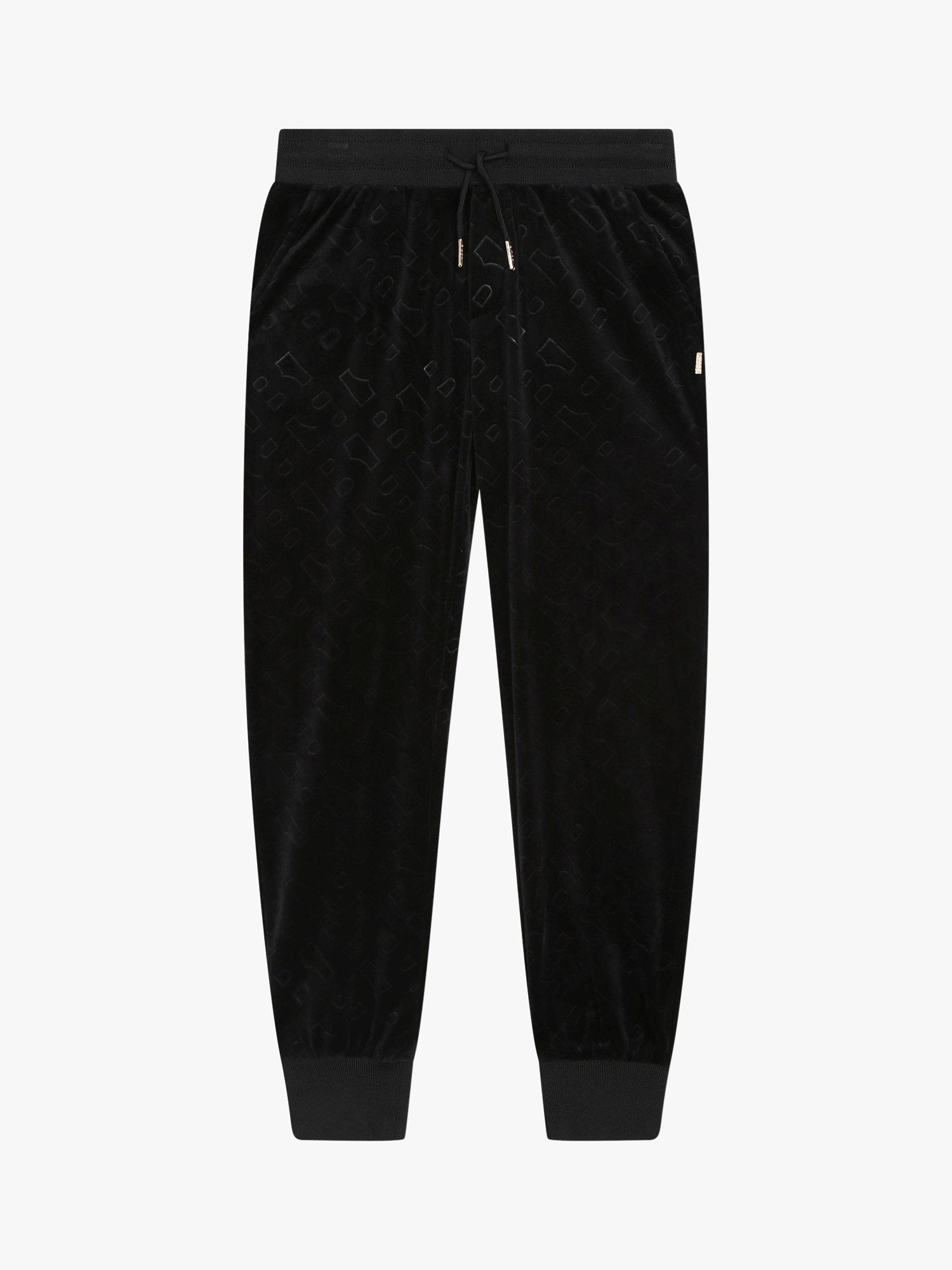 Product image 1 of 4, which shows BOSS Kids' Embossed 'B' Logo Velvet Trousers, Black, 4 years
