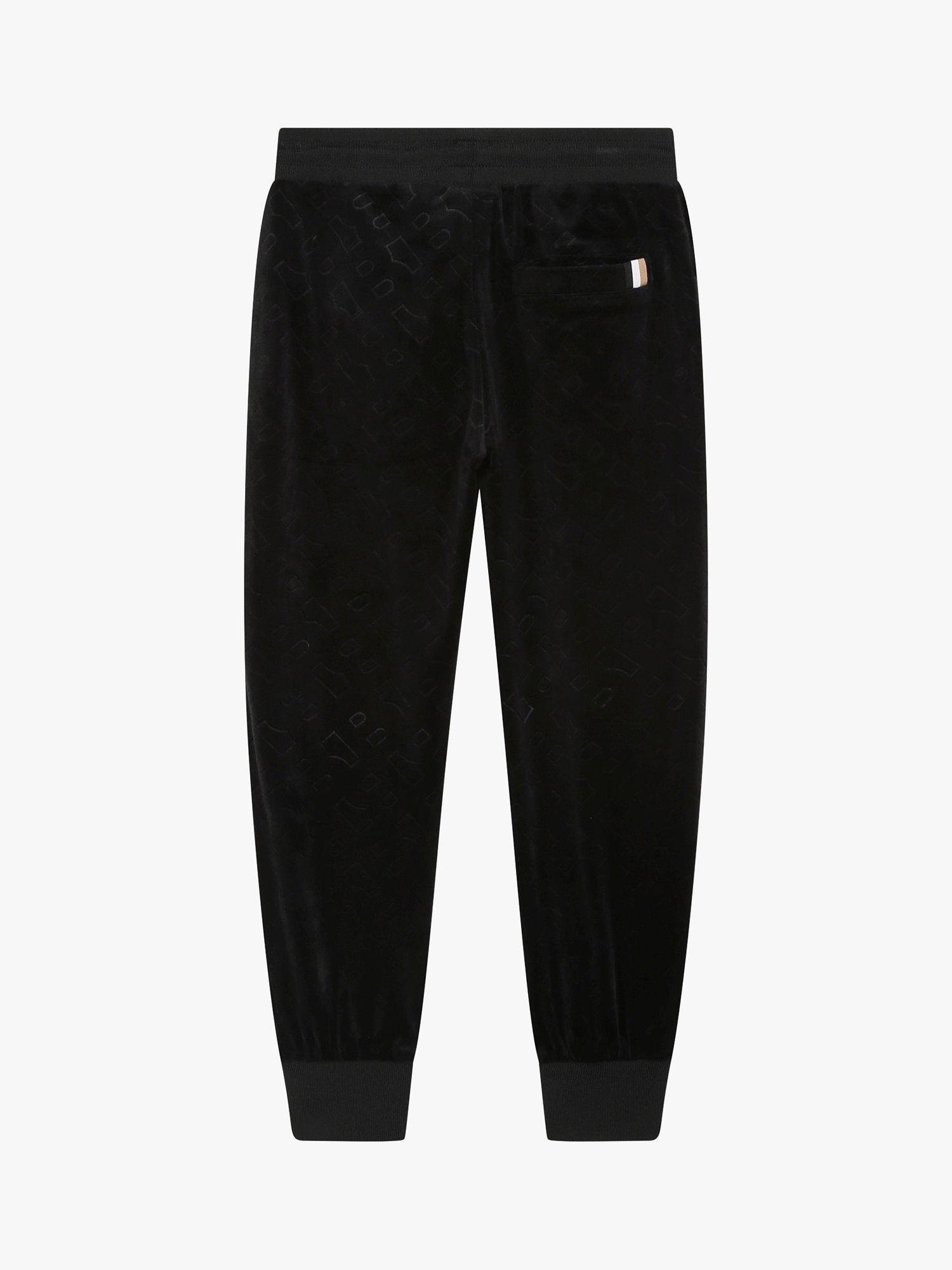 Product image 2 of 4, which shows BOSS Kids' Embossed 'B' Logo Velvet Trousers, Black, 4 years