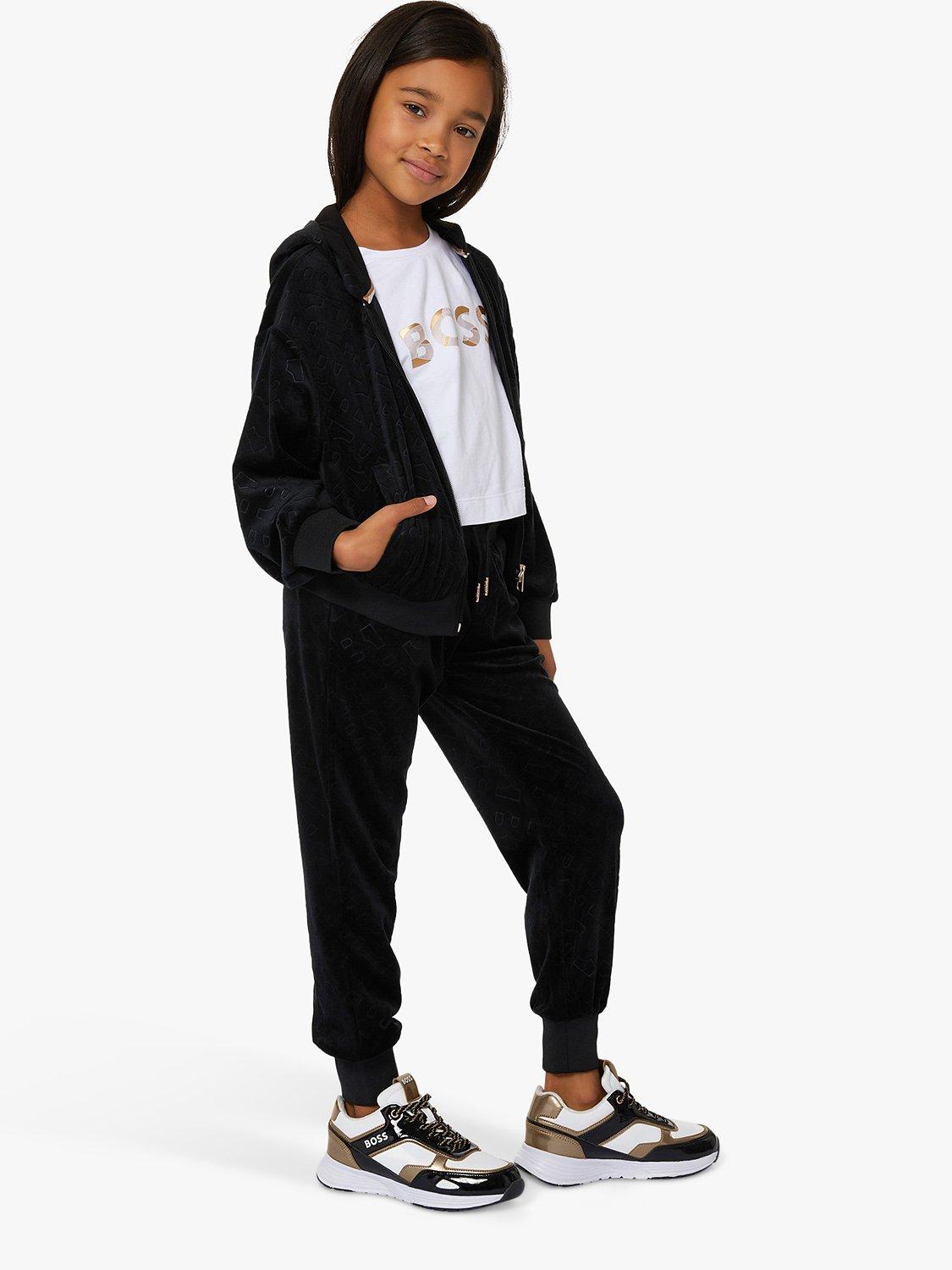 Product image 4 of 4, which shows BOSS Kids' Embossed 'B' Logo Velvet Trousers, Black, 4 years