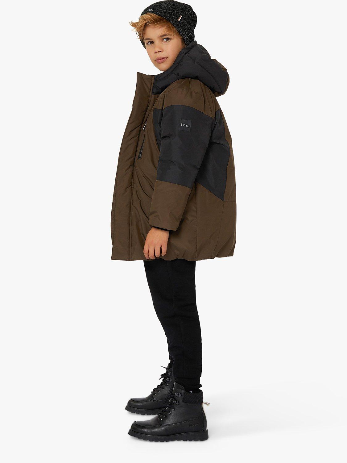 BOSS Kids' Logo Water Repellent Hooded Puffer Jacket, Chocolate Brown, 4 years