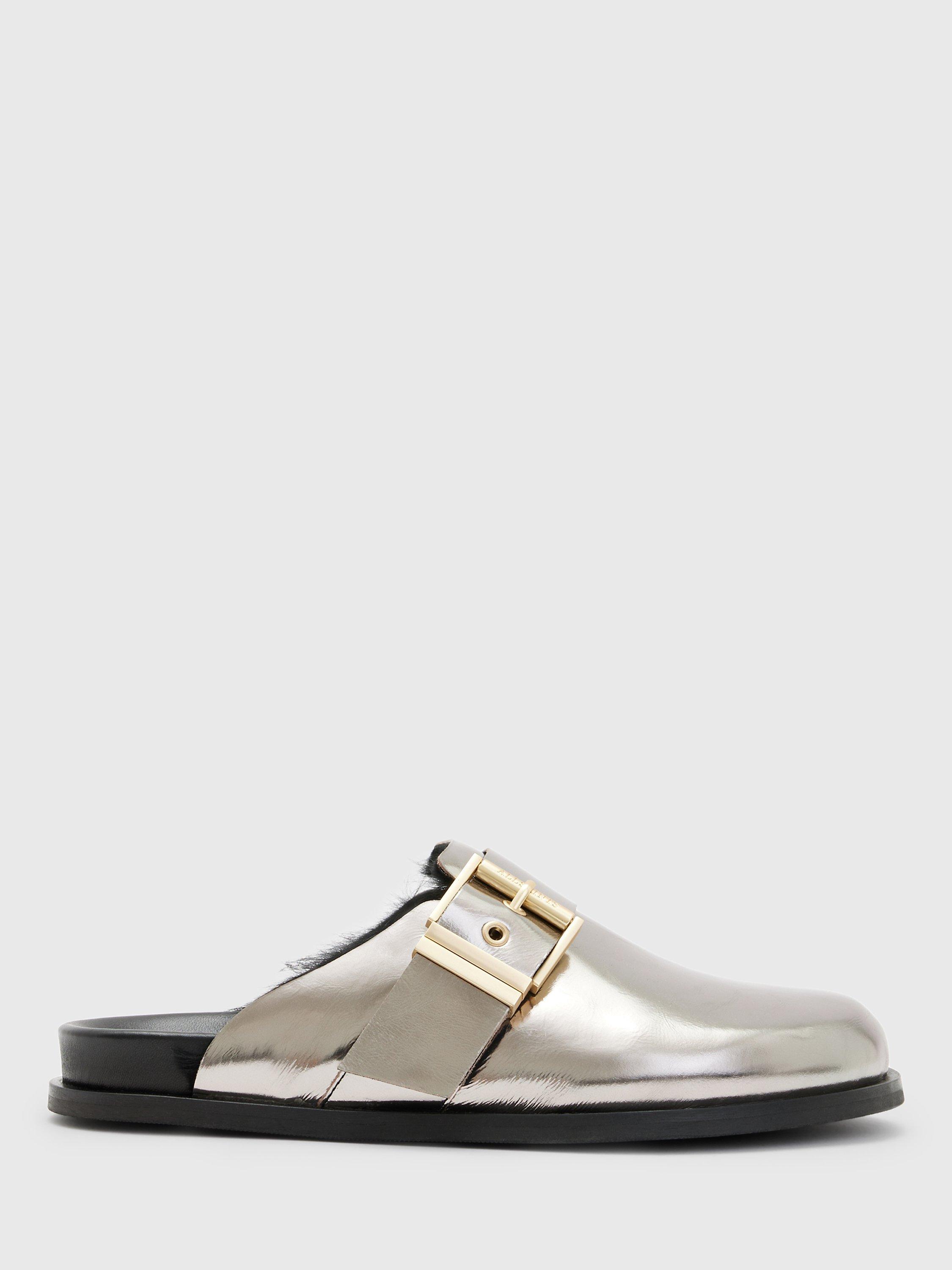 AllSaints Venus Leather Shearling Mules, Mirror Silver