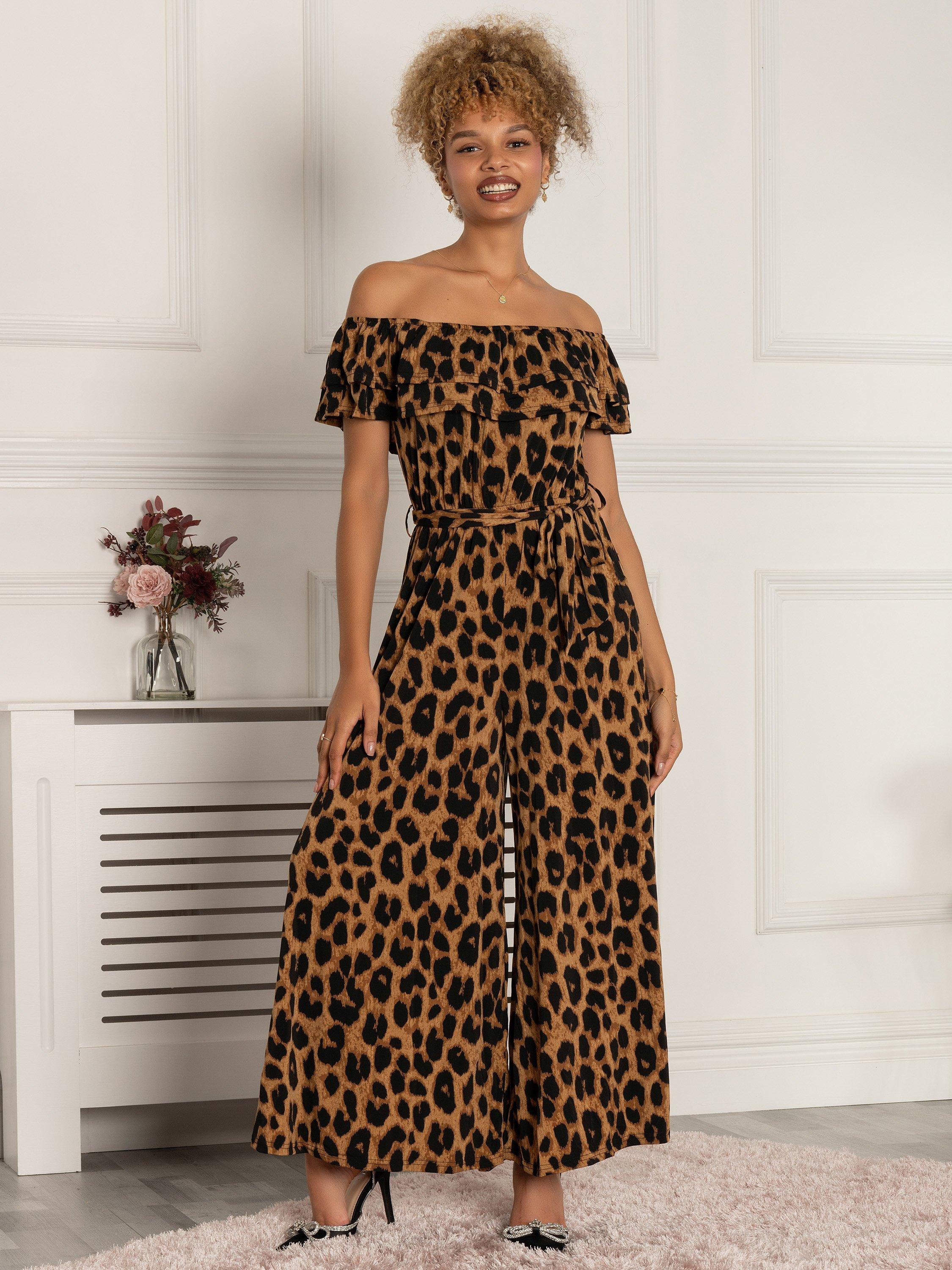 Jolie Moi Ruffle Neck Jersey Jumpsuit, Brown Animal, 20
