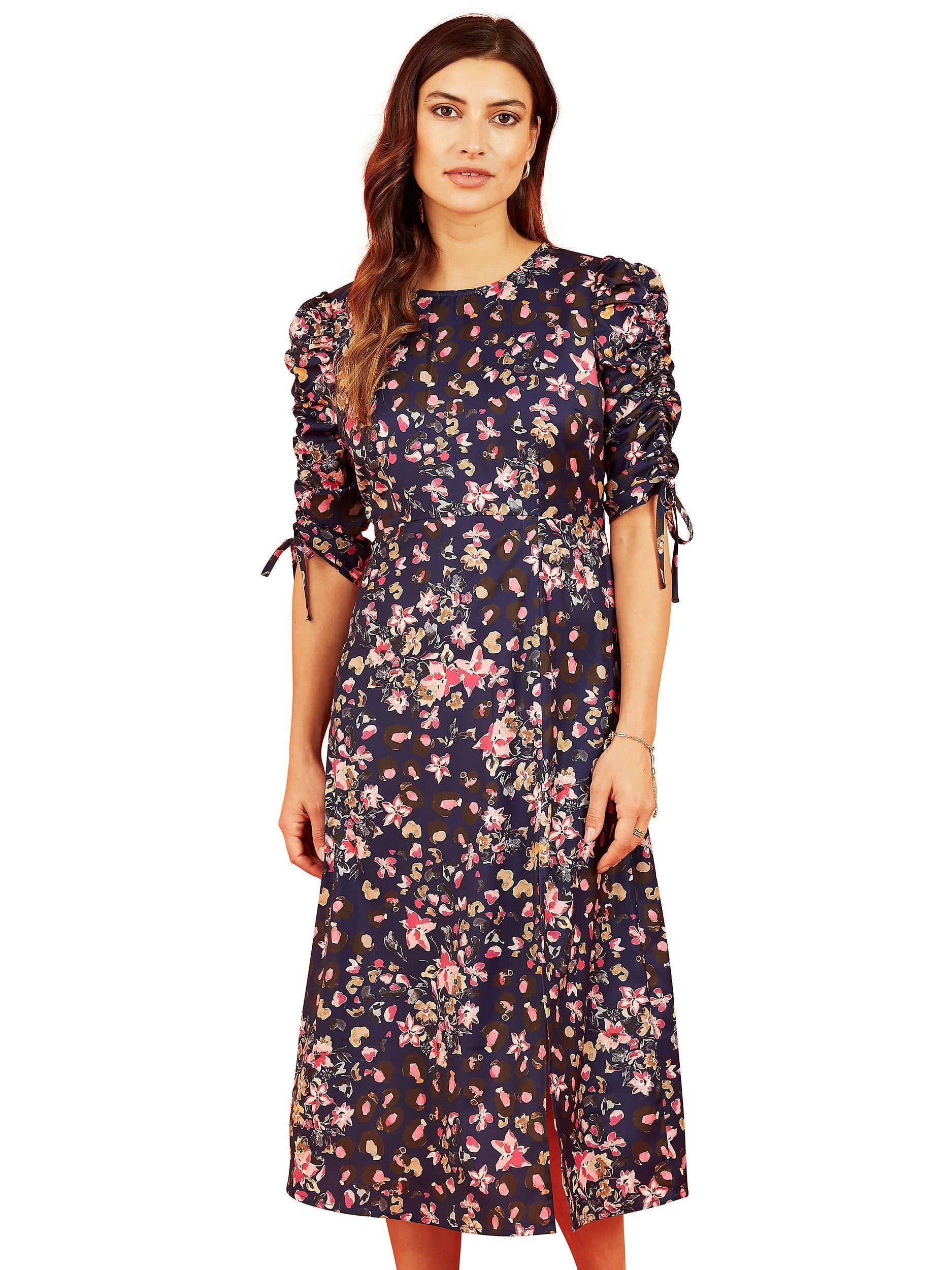 Yumi Floral Print Ruched Midi Dress, Navy