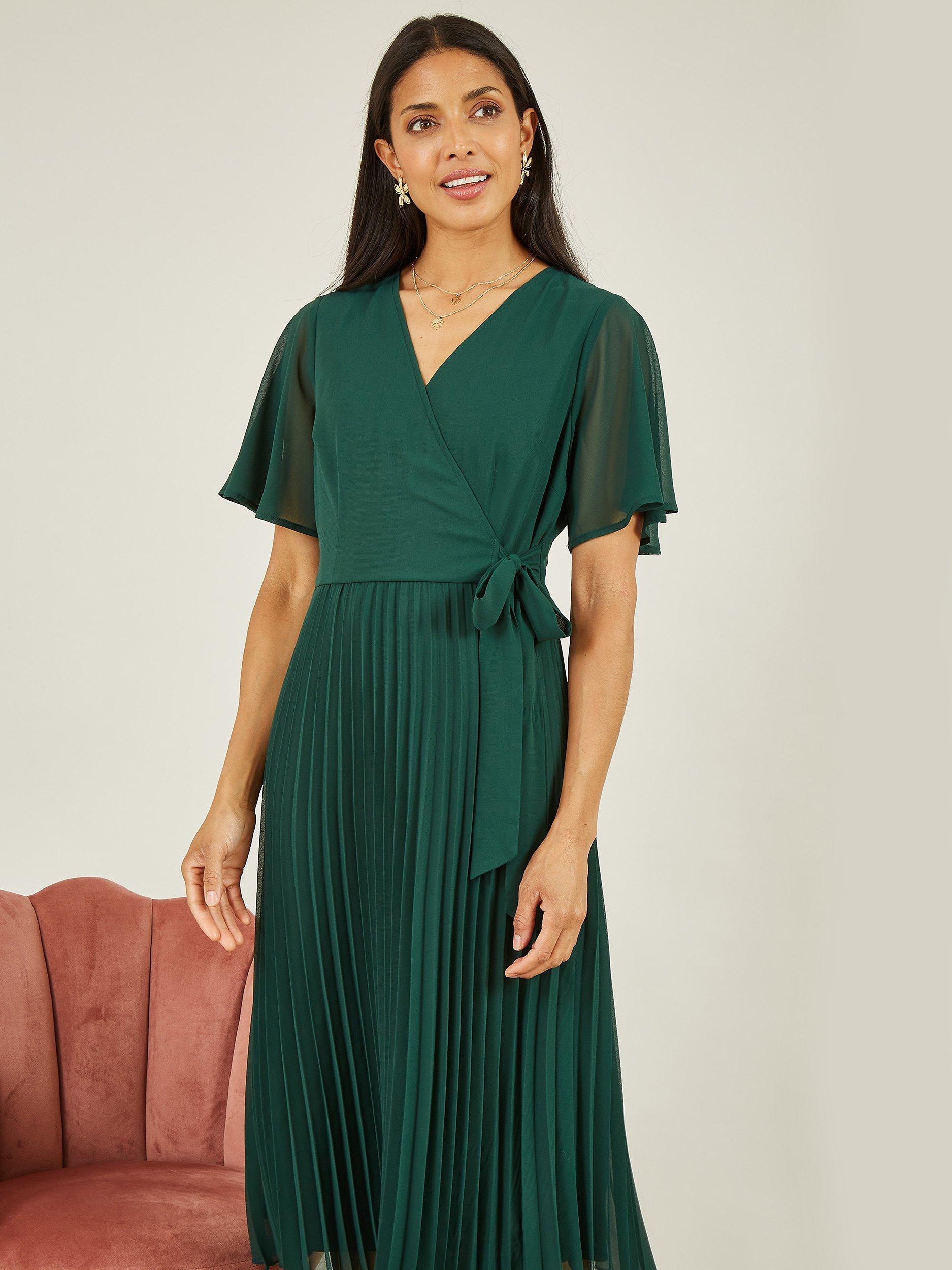 Yumi Pleated Wrap Over Midi Dress, Green
