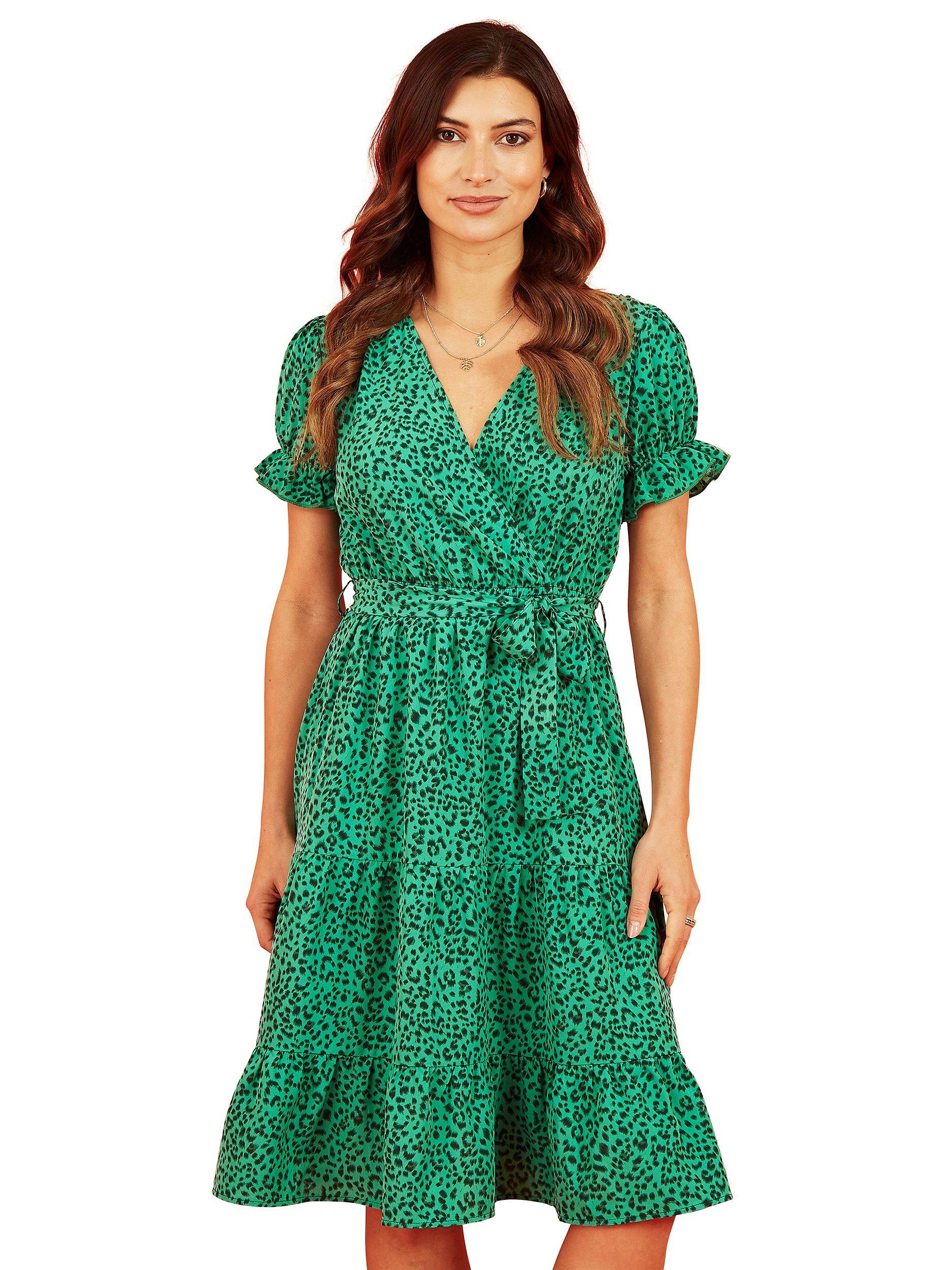 Mela London Animal Print Skater Style Dress, Green/Black