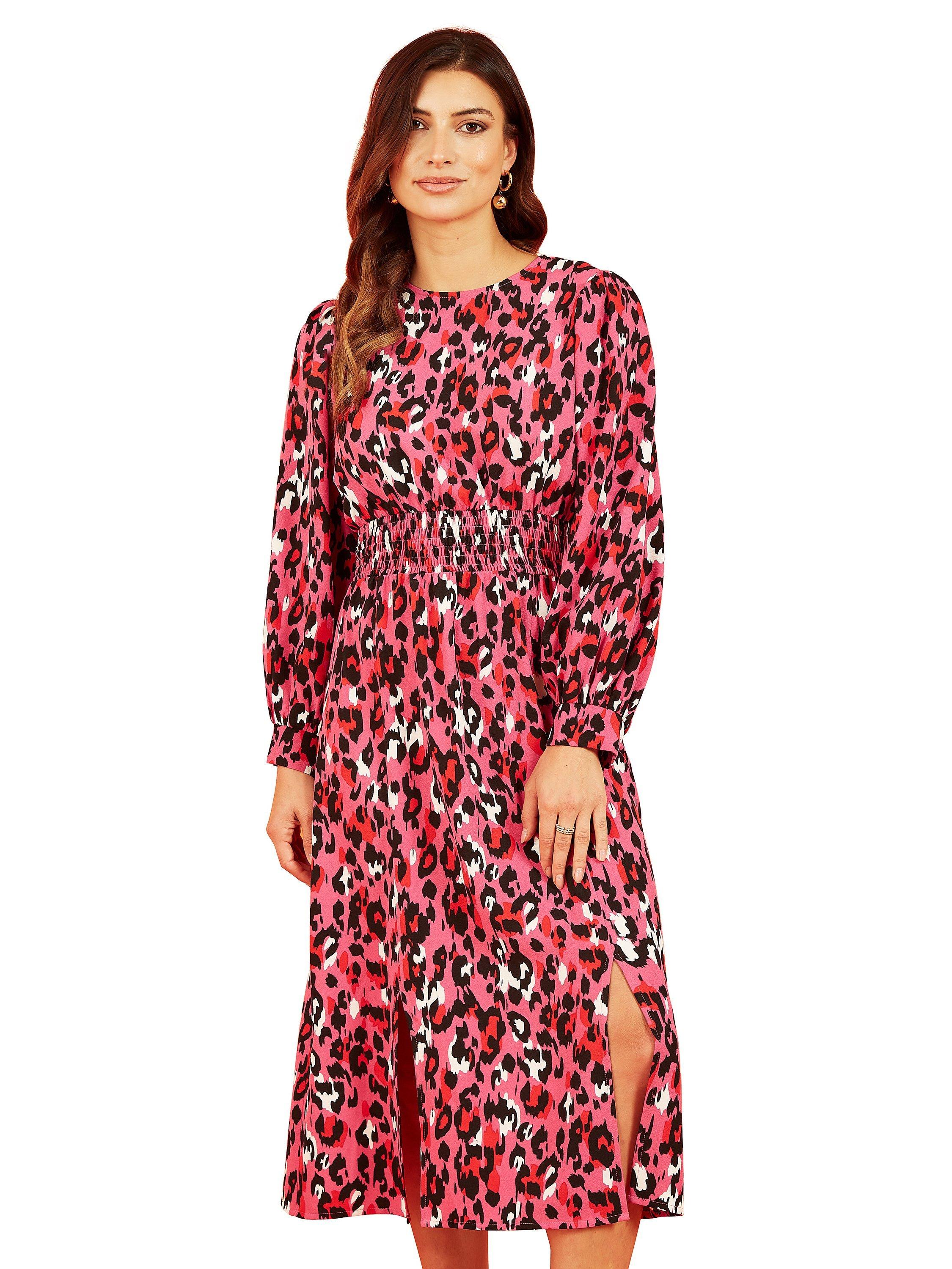 Mela London Animal Print Ruched Long Sleeve Midi Dress, Pink/Multi