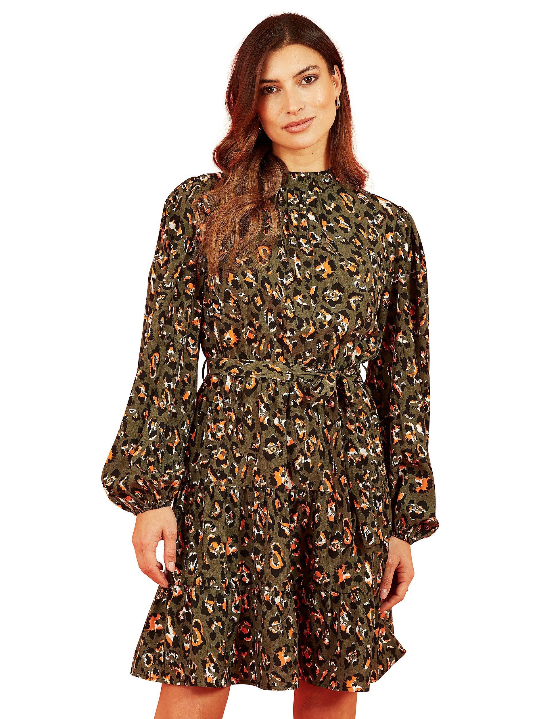 Mela London Animal Print Wrap Ruffle Dress, Green/Multi