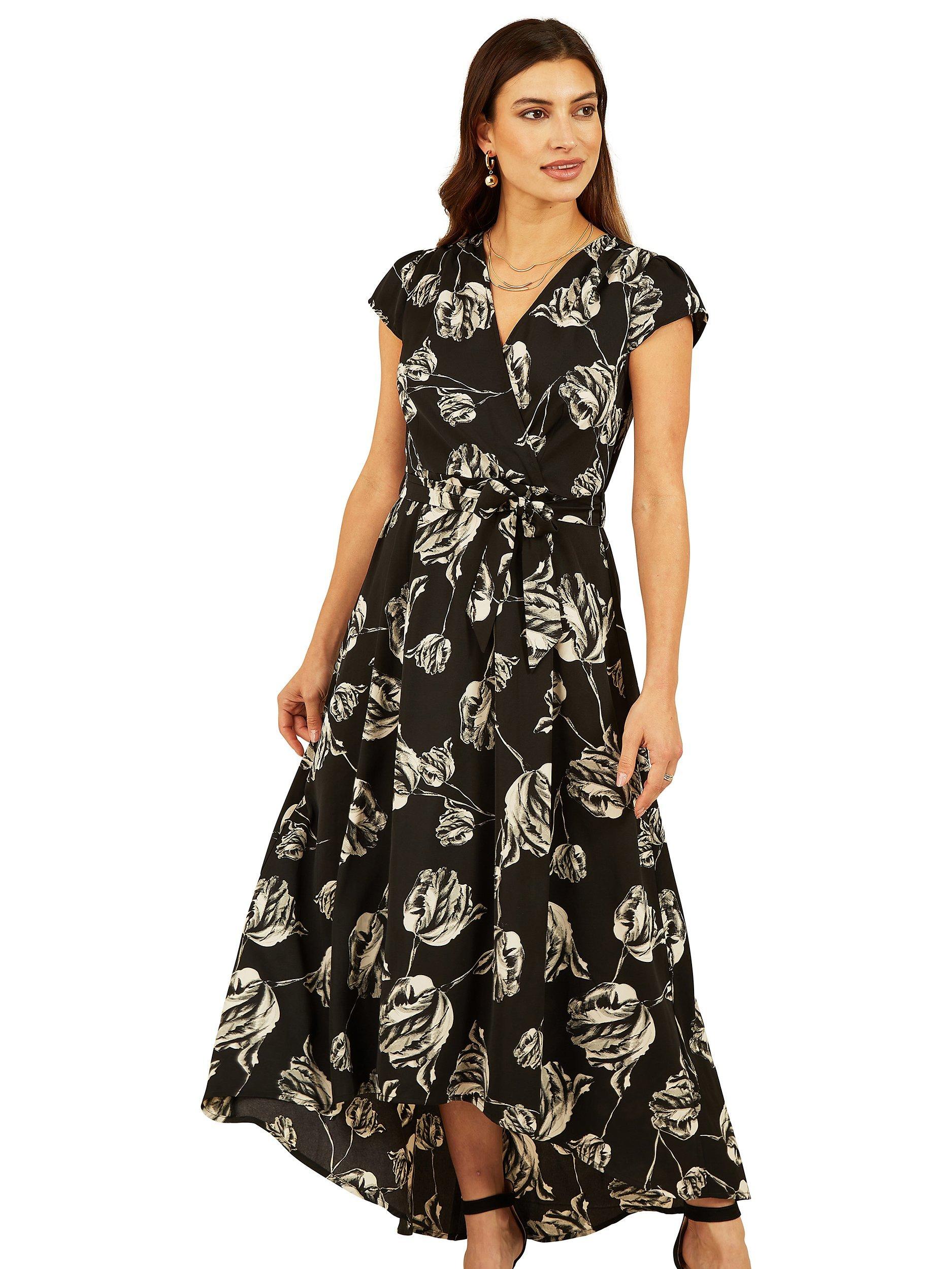 Mela London Rose Print Wrap Midi Dress, Black