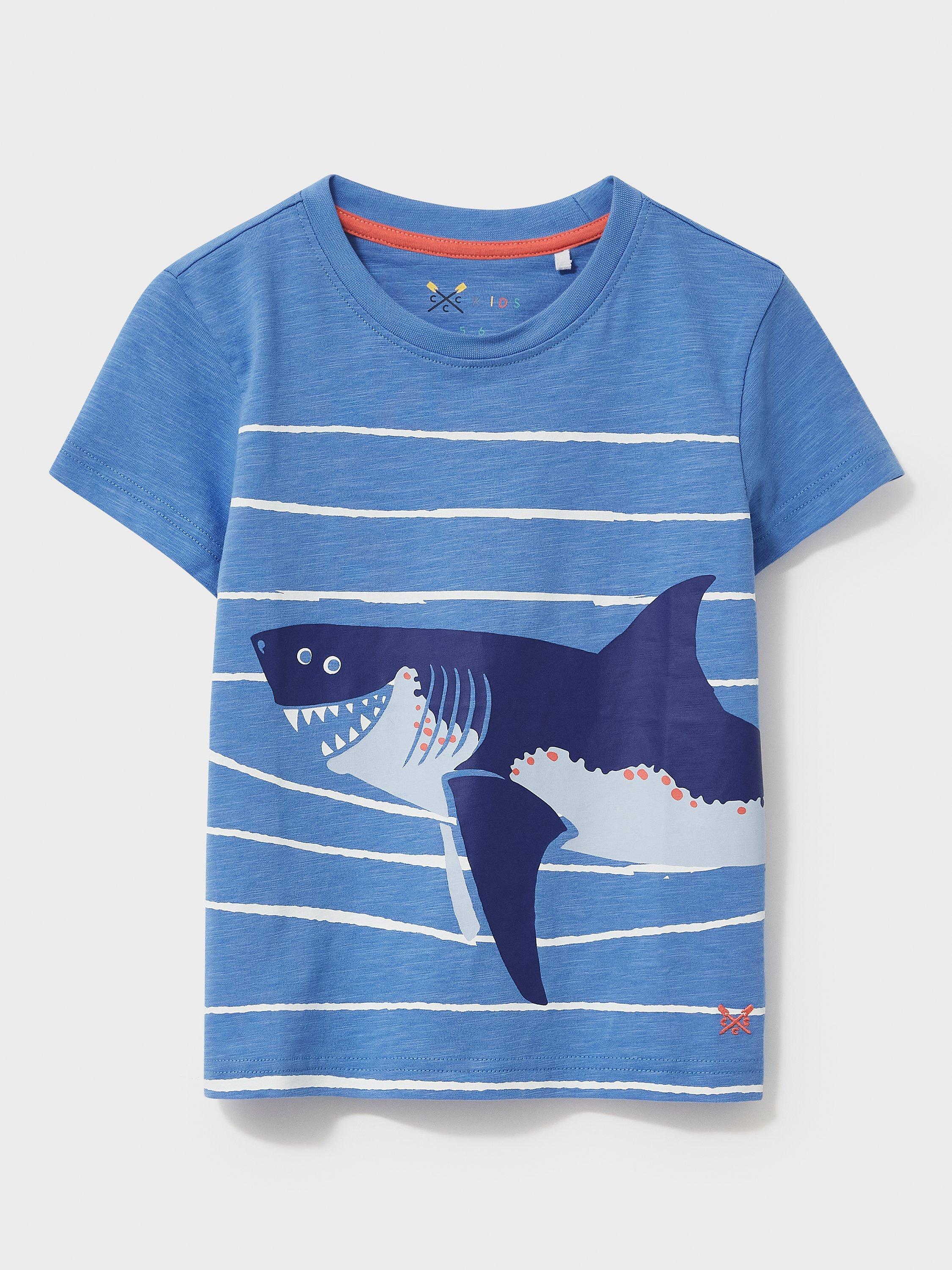 Crew Clothing Kids' Breakout Breton Stripe Shark T-Shirt, Mid Blue