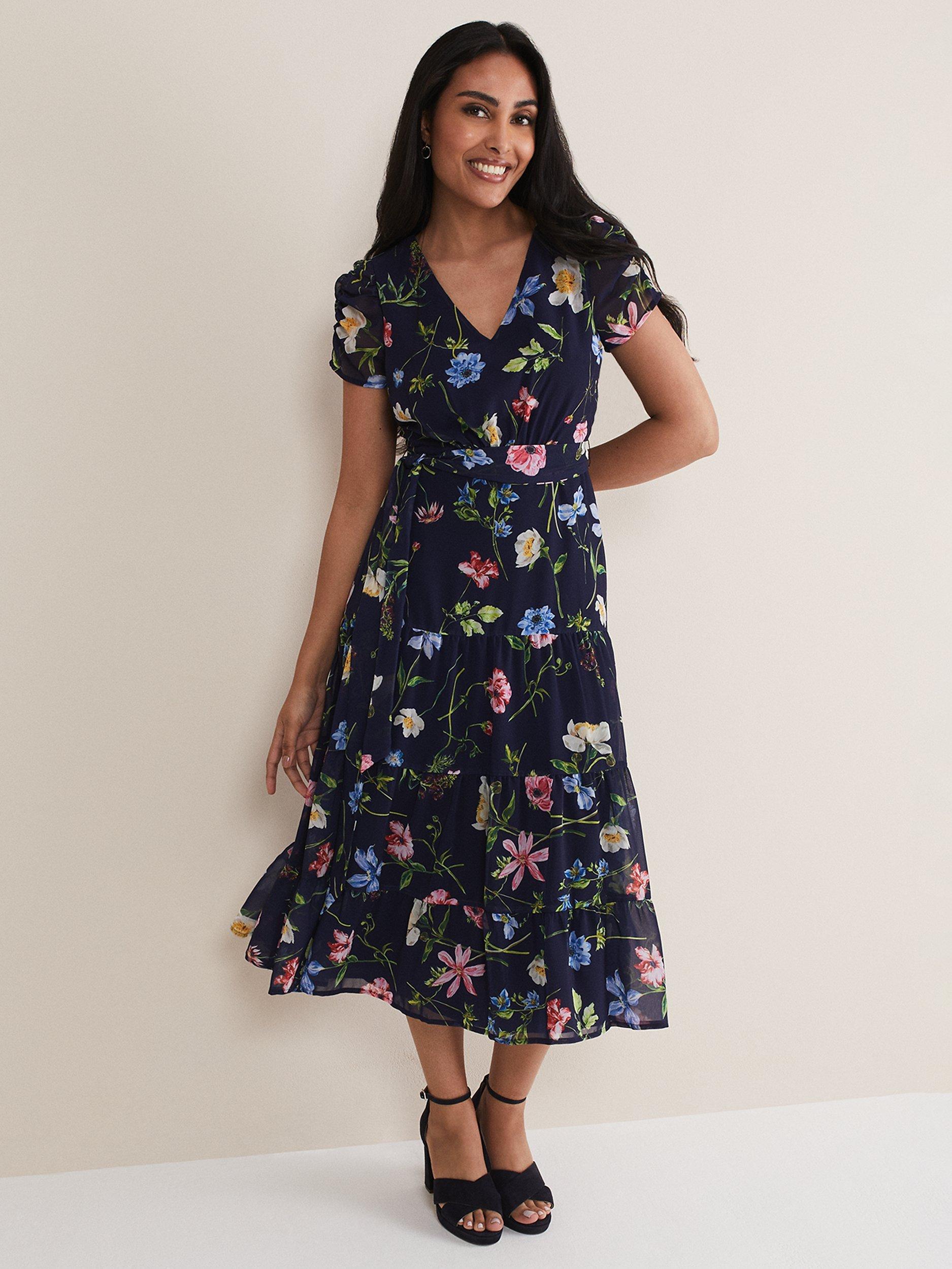Phase Eight Petite Lola Floral Print Midi Dress, Navy/Multi