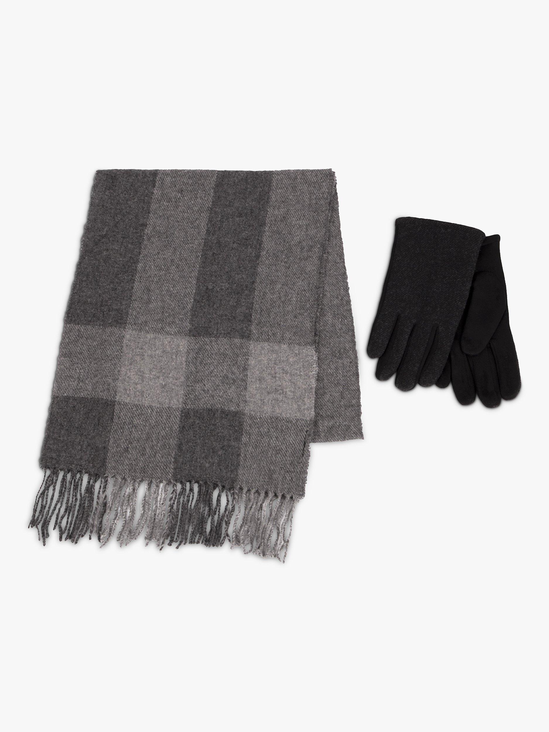 totes Wool Blend Check Scarf and Thermal Lined Gloves Set, Grey/Multi