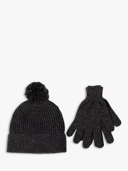 totes Classic Knitted Bobble Hat and Gloves Set, Black/Grey, Black/Grey