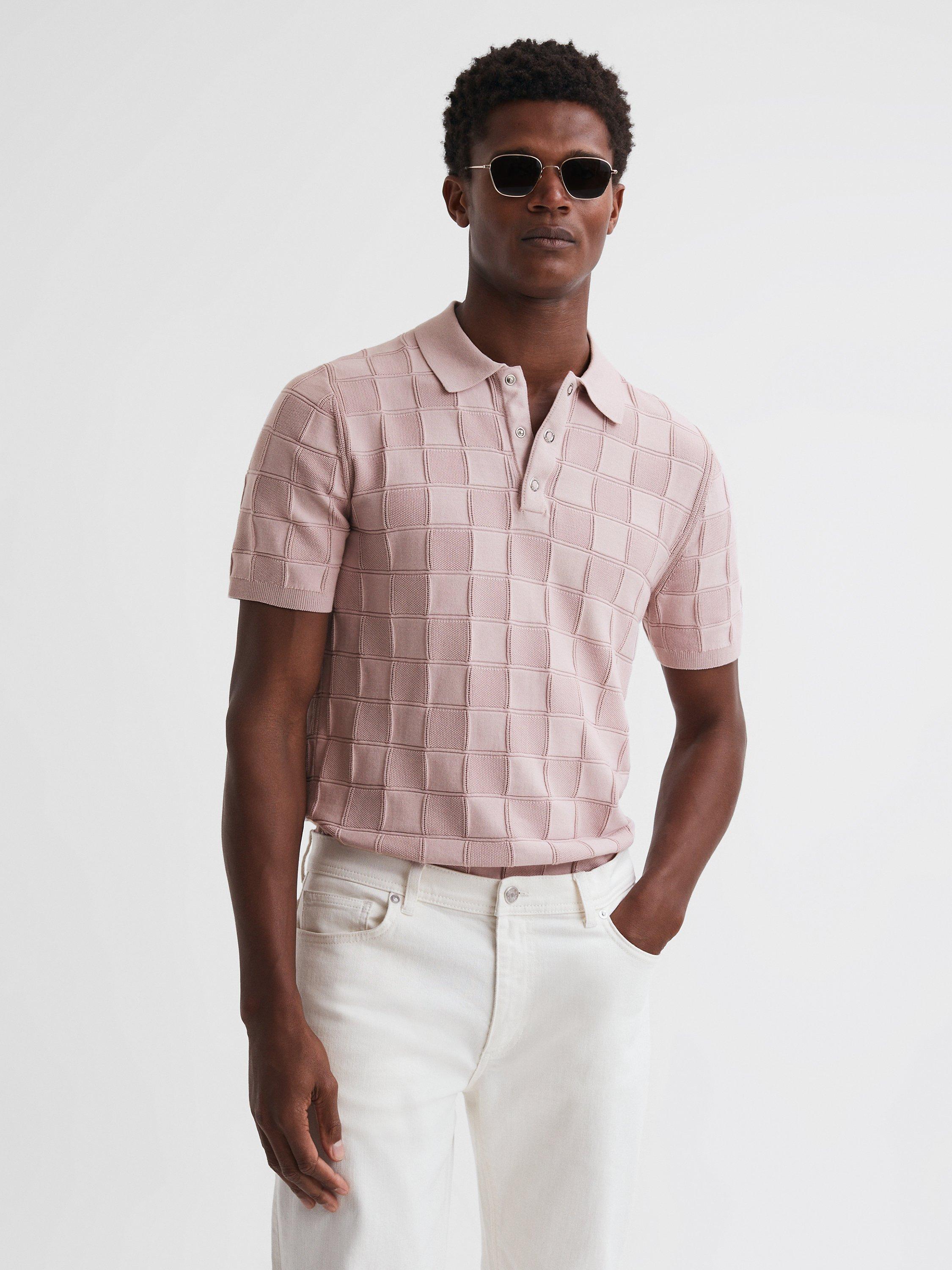 Reiss Blaze Knitted Squares Short Sleeve Polo Shirt, Soft Pink