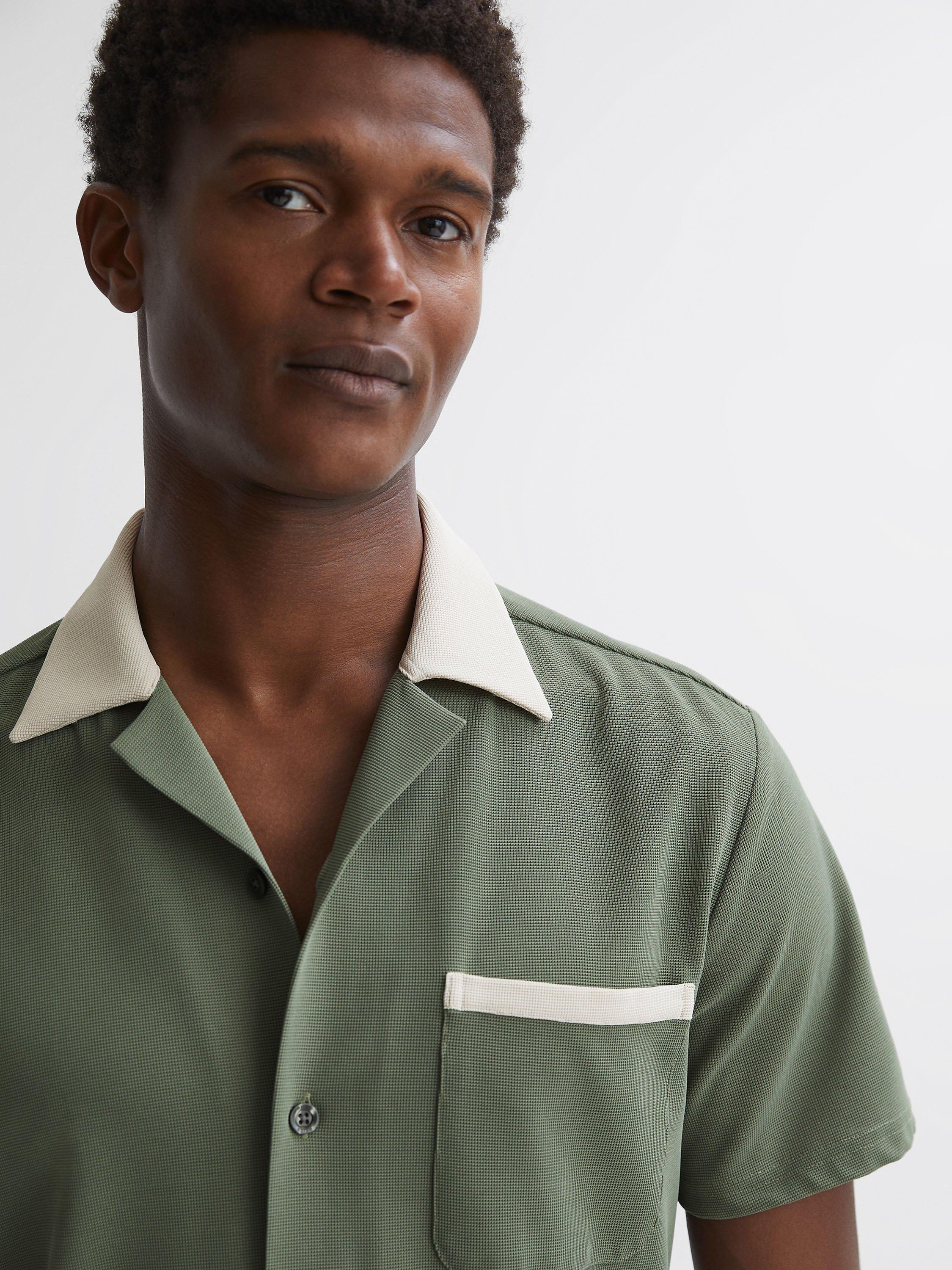 Reiss Troon Short Sleeve Textured Shirt, Sage/Ecru