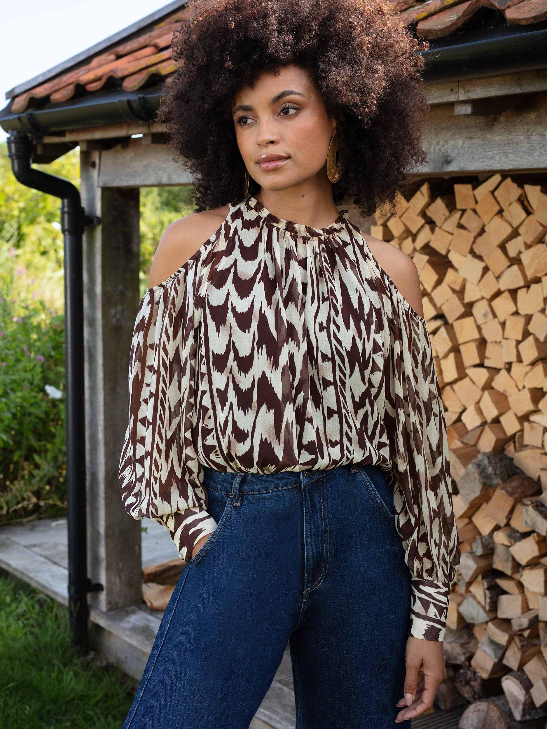 Ro&Zo Abstract Animal Cold Shoulder Top, Brown