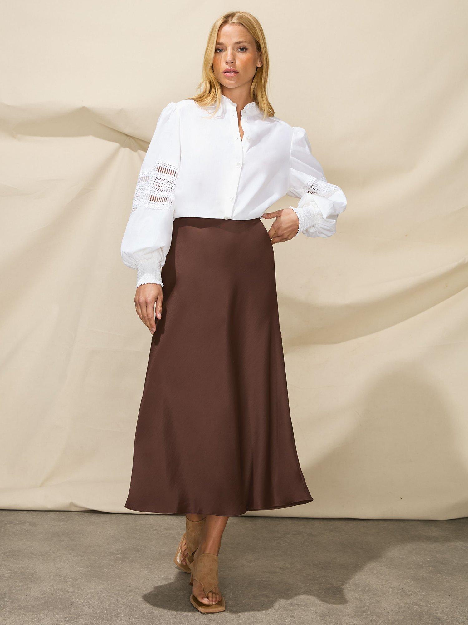 Ro Zo Plain Satin Bias Midi Skirt Brown