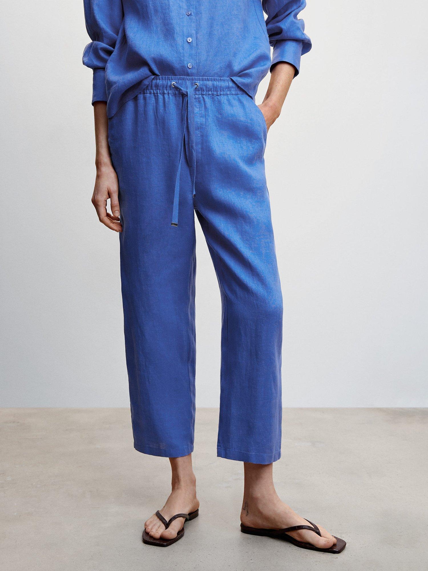 Mango Linen Cropped Trousers, Blue