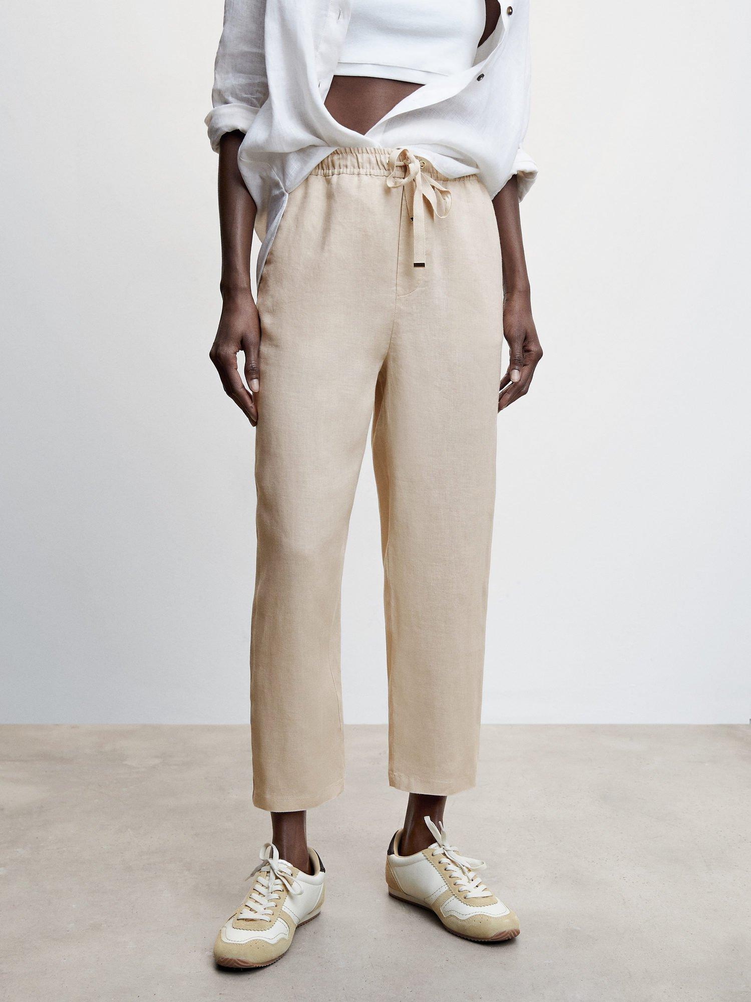 Mango Linen Cropped Trousers, Beige