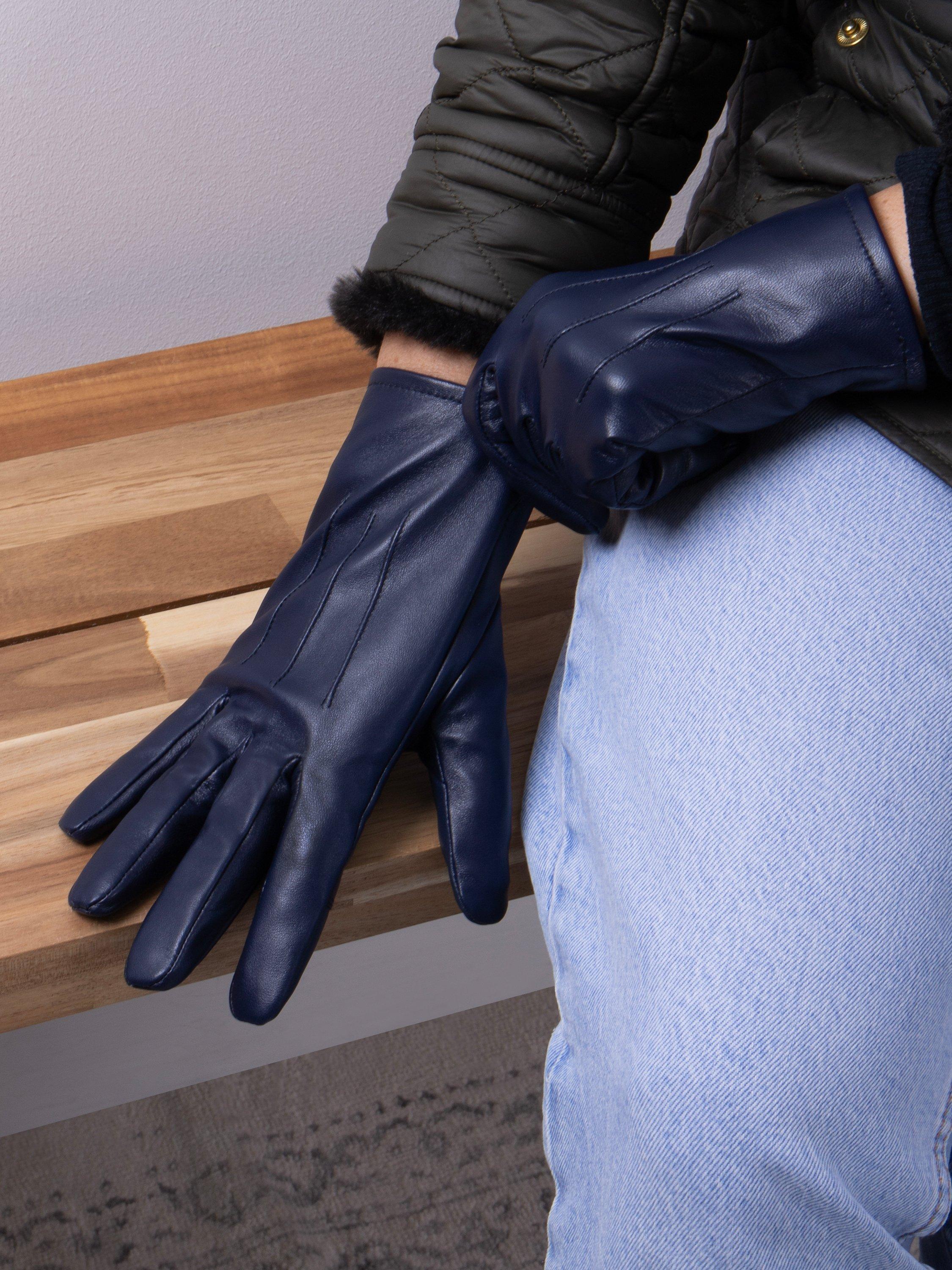 totes Three Point Water Repellent Leather Gloves, Navy, S