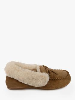 totes Genuine Suede Moccasin with Faux Fur Lining Slippers, Tan, Tan