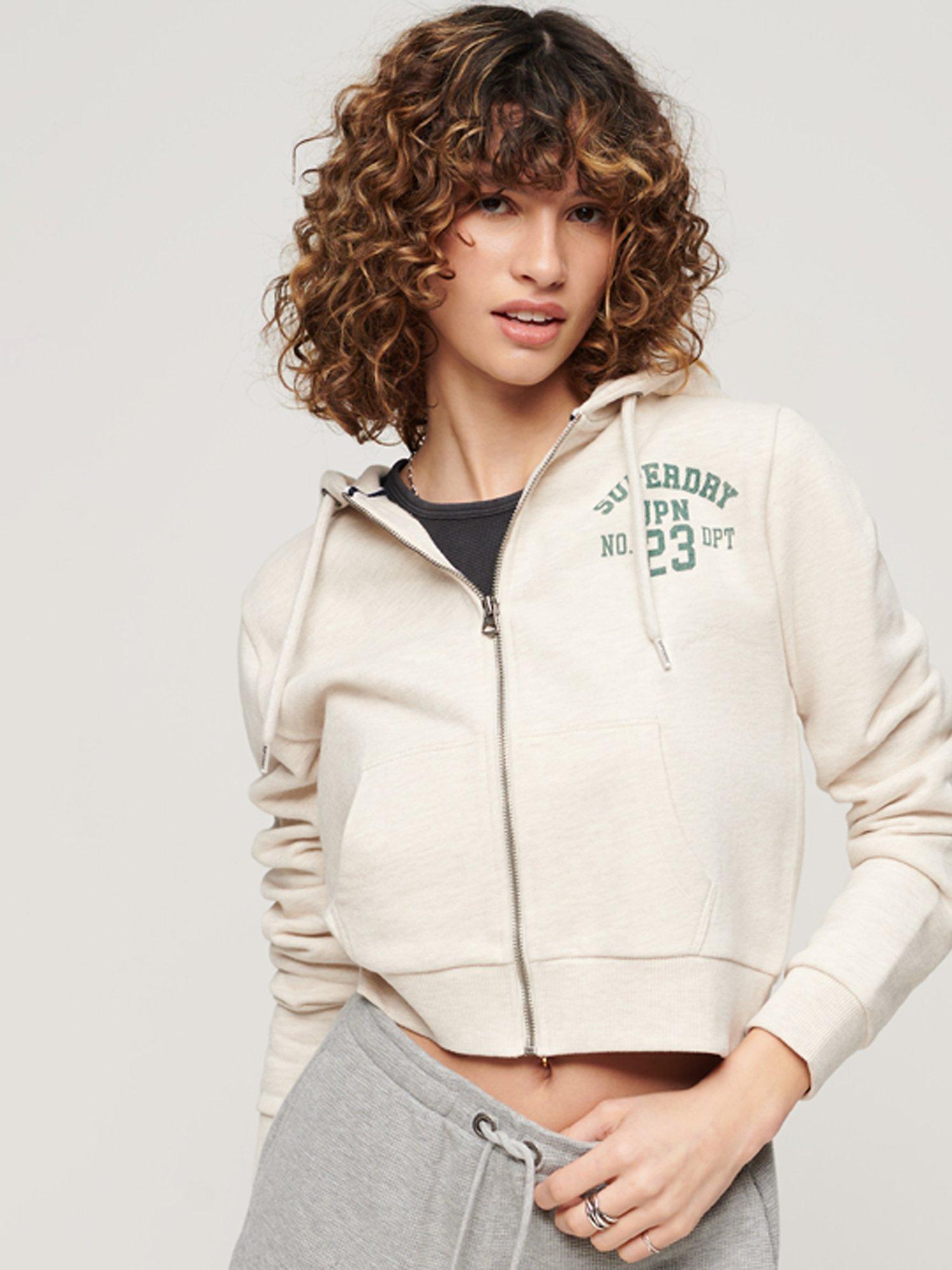Product image 1 of 5, which shows Superdry Athletic Essential Crop Zip Hoodie, Oatmeal Beige Marl, 6