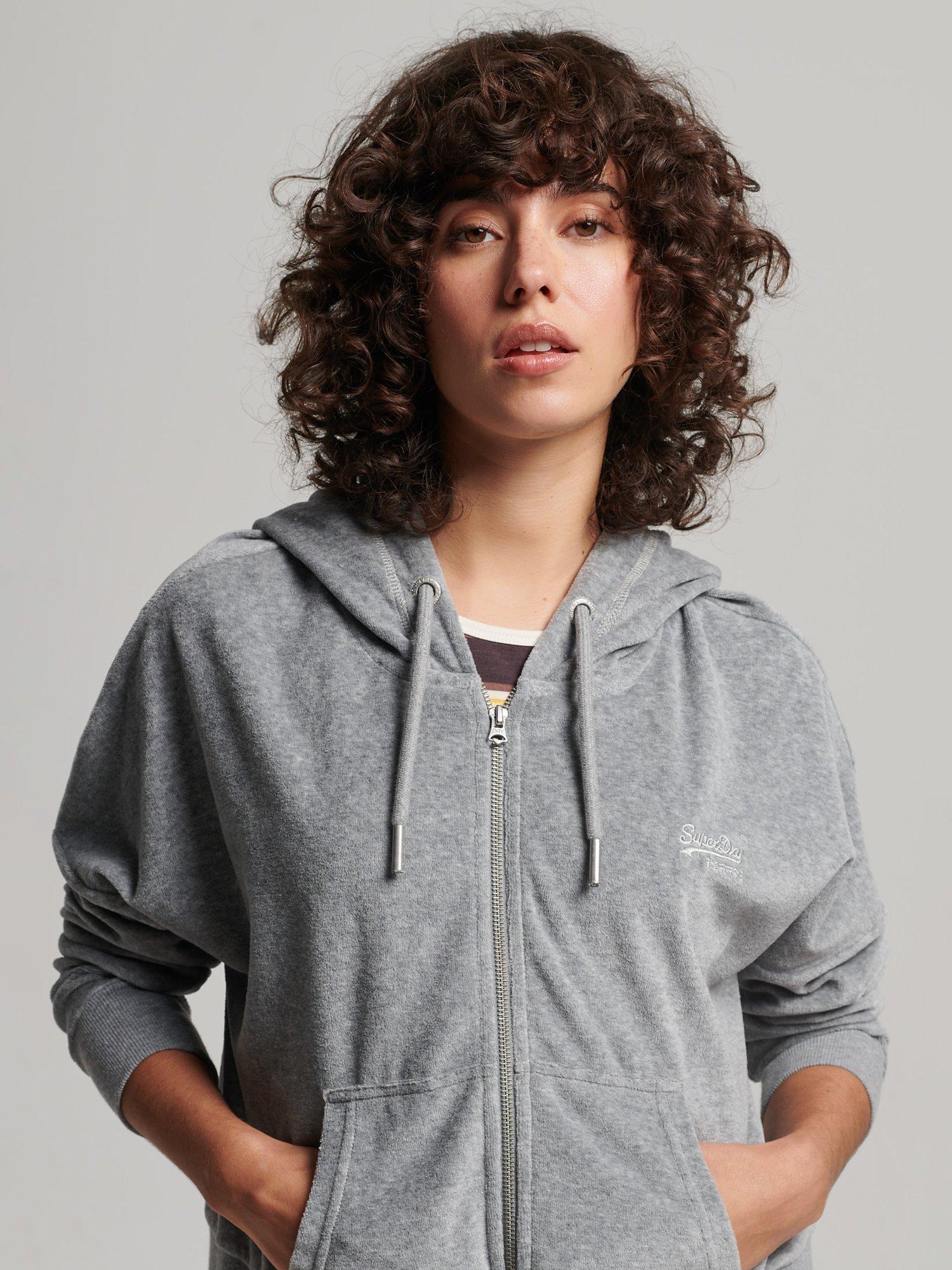 Superdry Organic Cotton Vintage Logo Velour Zip Hoodie, Grey Marl