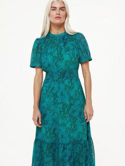 Whistles Petite Snakeprint Shirred Midi Dress, Teal/Multi, Teal/Multi