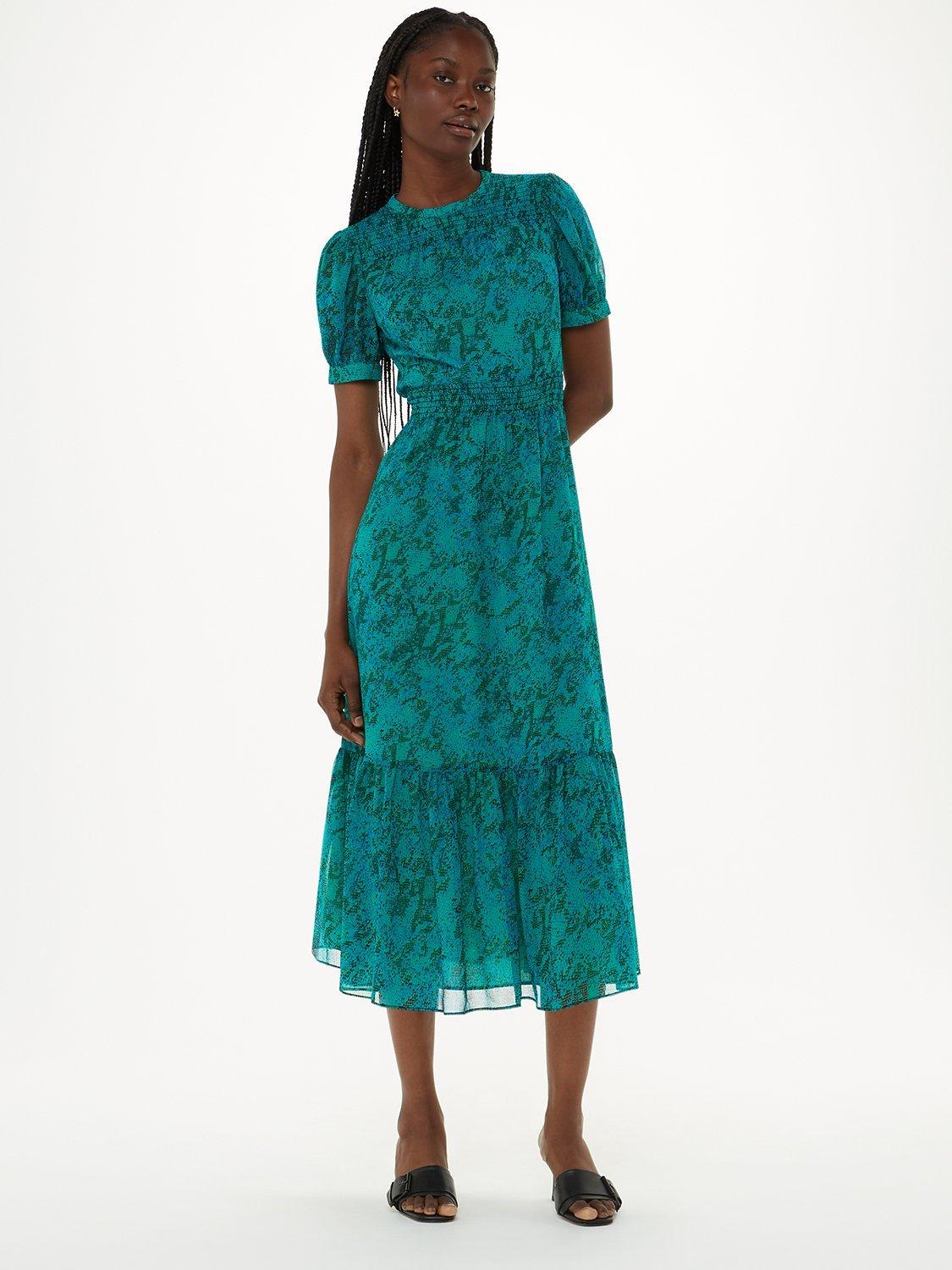 Whistles Diagonal Snake Shirred Dress, Teal/Multi