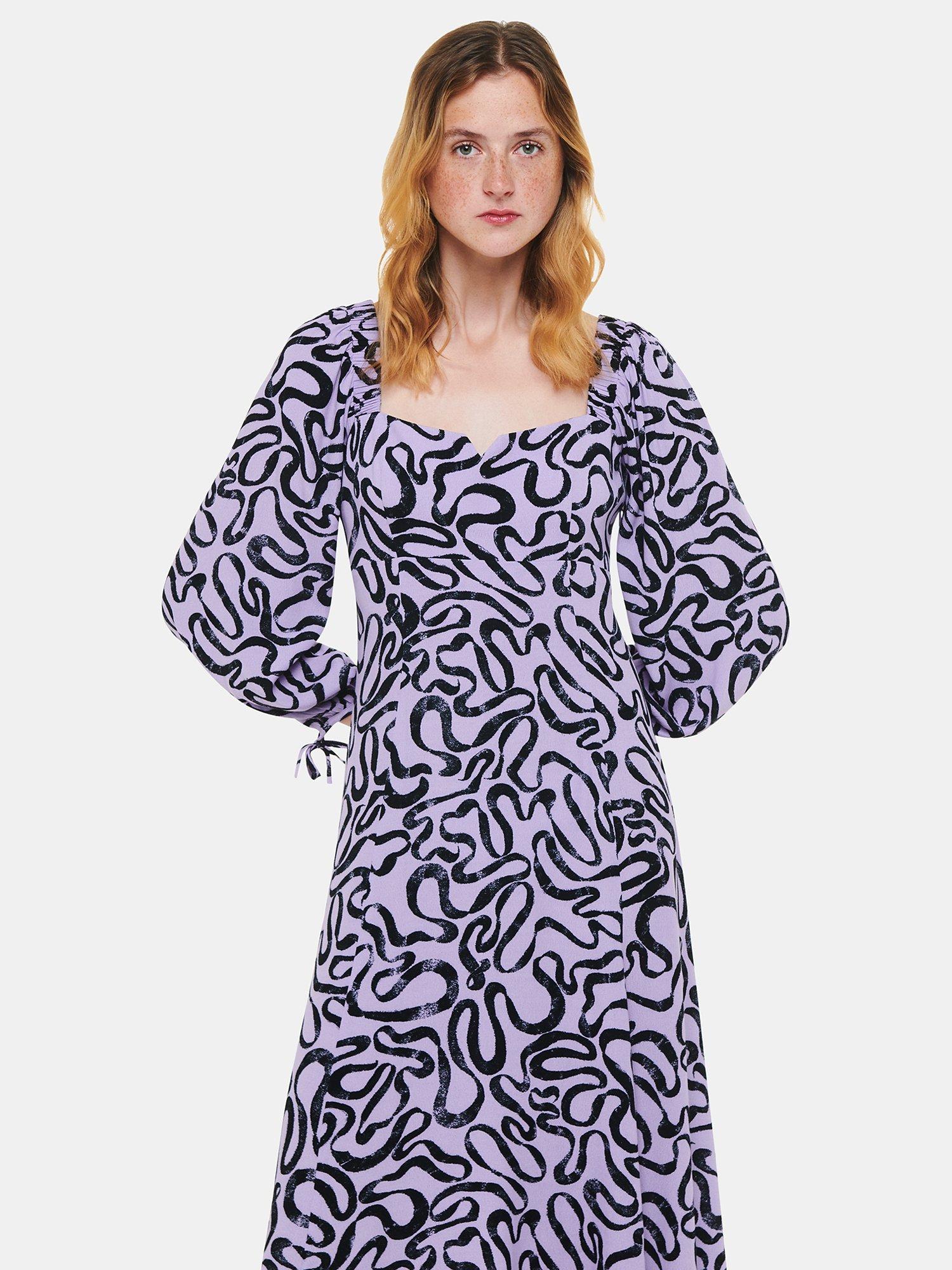 Product image 3 of 5, which shows Whistles Georgie Ecovero Ribbon Print Dress, Purple/Multi, 6