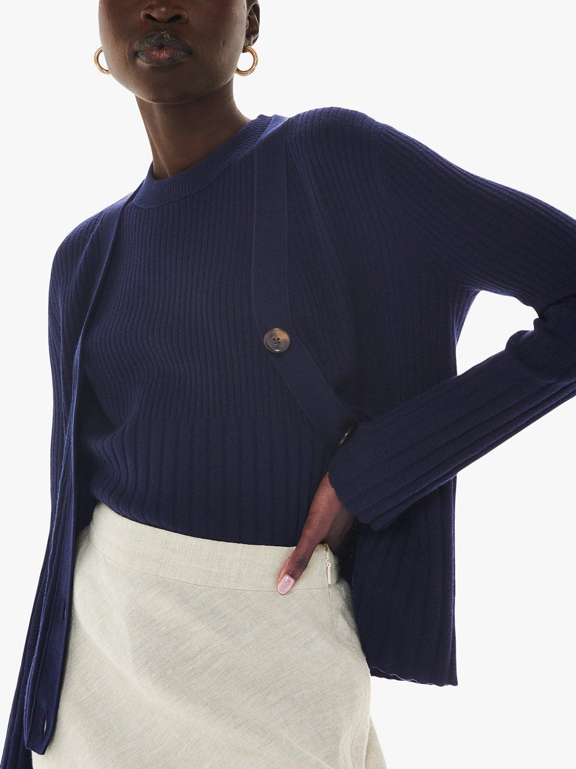 Whistles V-Neck Ribbed Cardigan, Navy