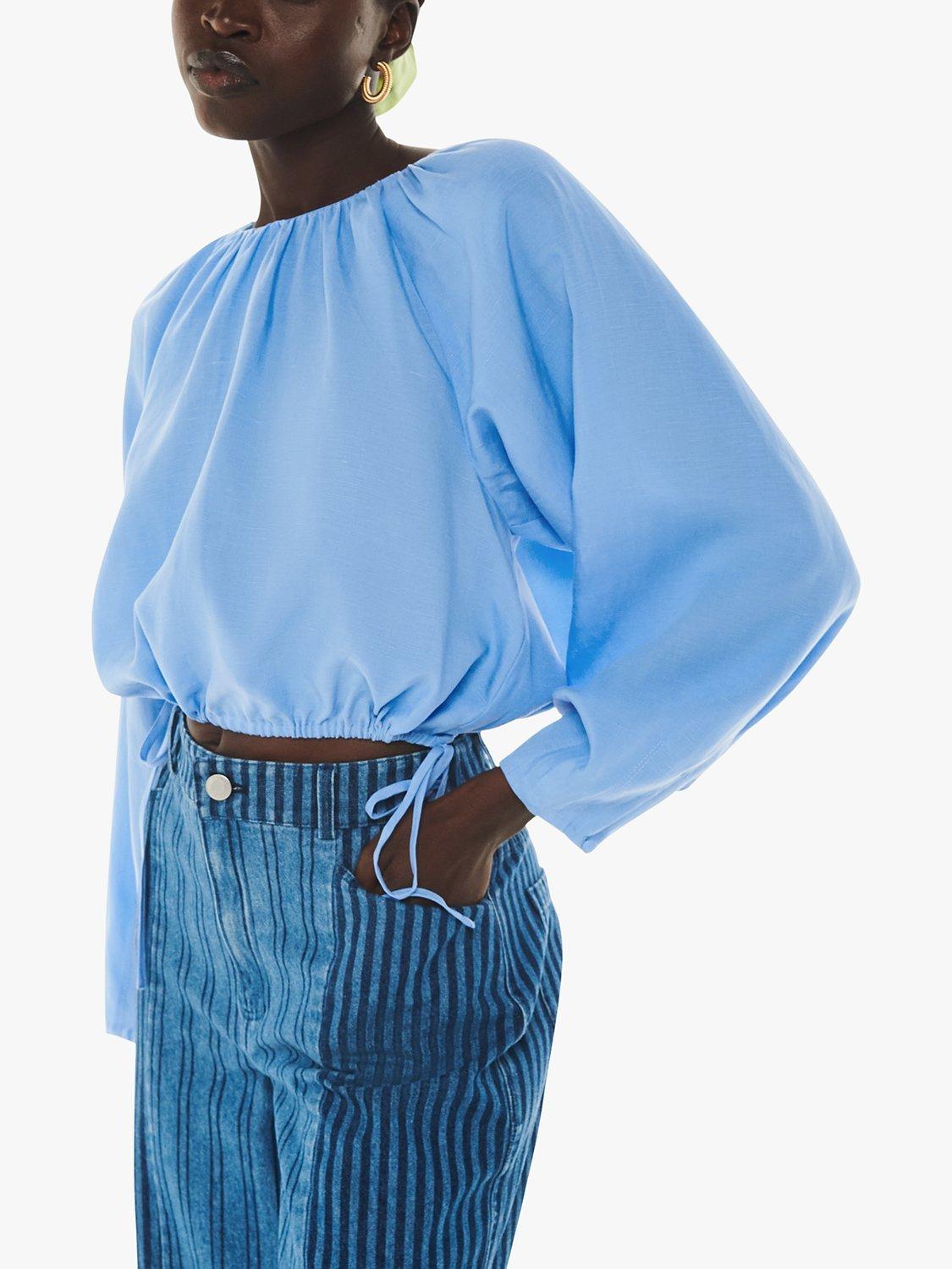 Product image 3 of 6, which shows Whistles Nancy Linen Blend Crop Top, Pale Blue, 18