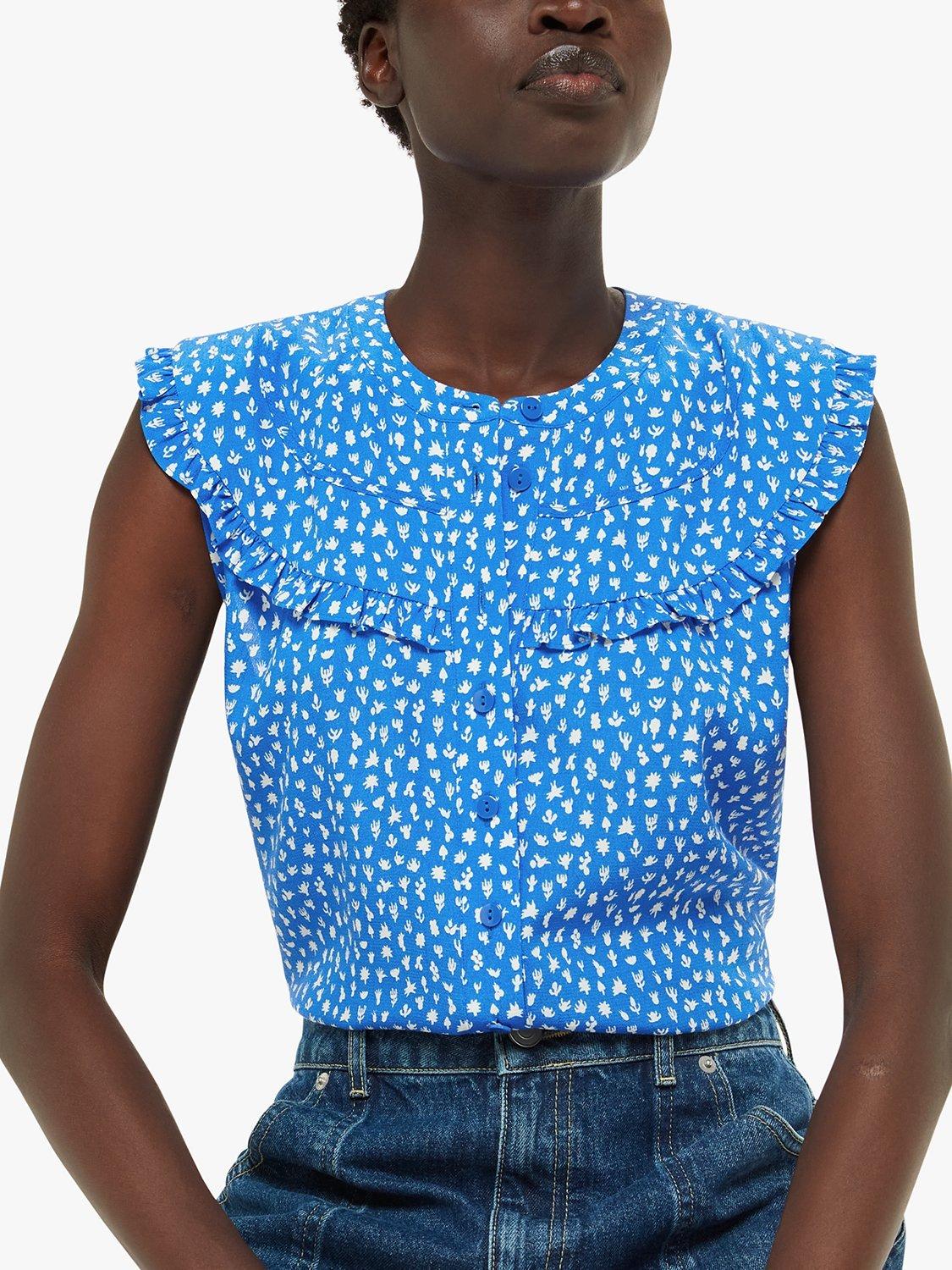 Whistles Micro Cactus Print Sleeveless Blouse, Blue/White