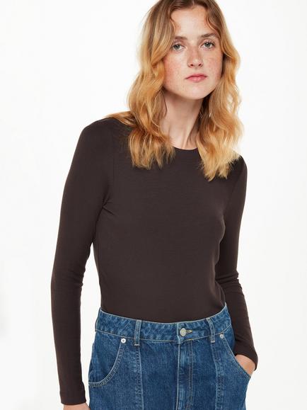 Whistles Essential Long Sleeve Ribbed Top, Brown, Brown