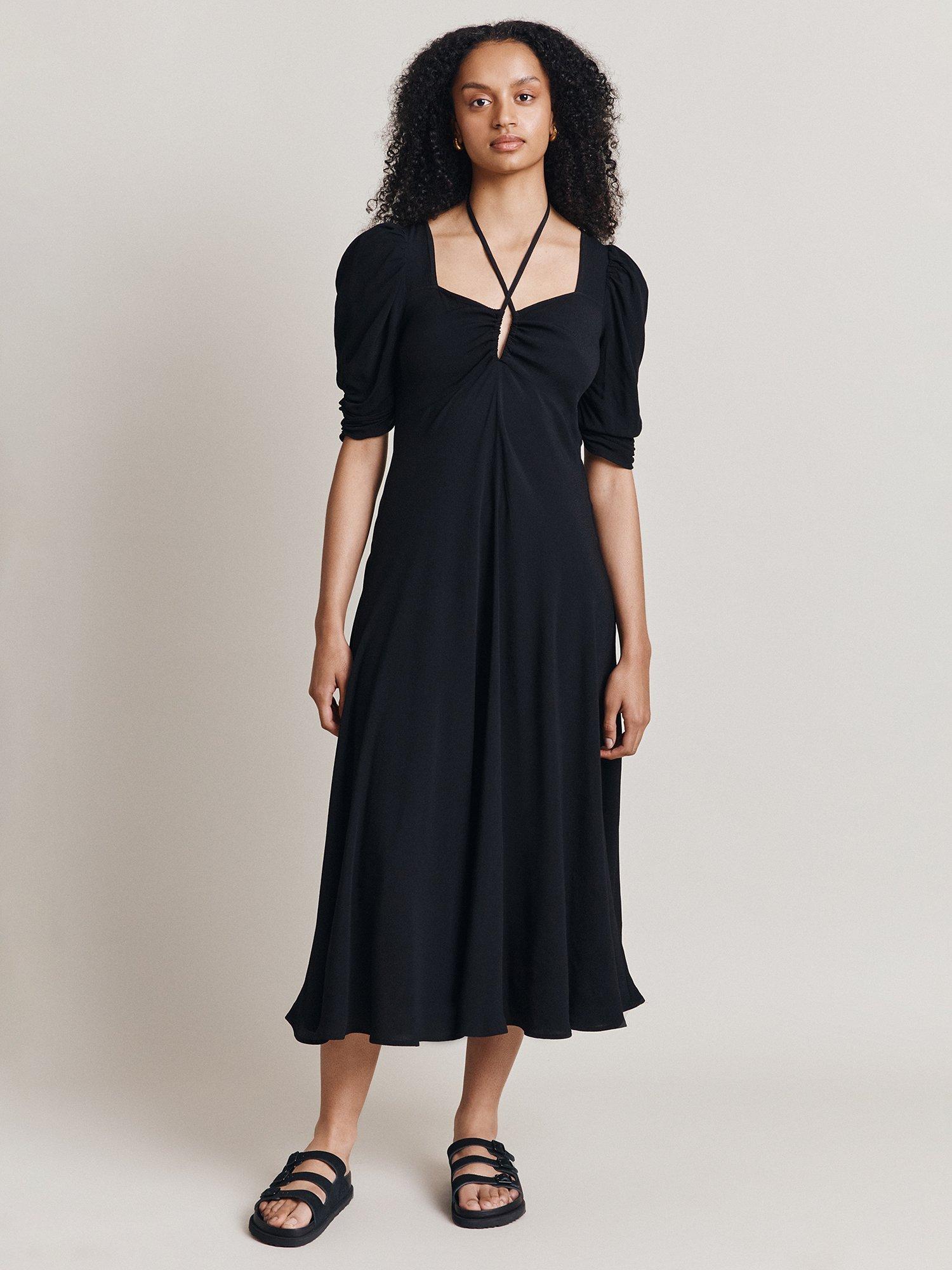 Ghost Penelope Tie Halter Neck Crepe Midi Dress, Black