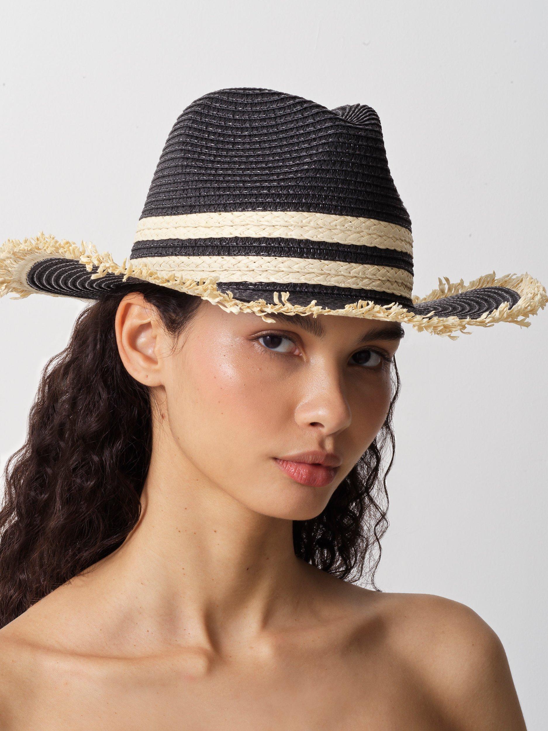 Product image 1 of 4, which shows French Connection Thick Double Stripe Straw Hat, Black/Natural, One Size
