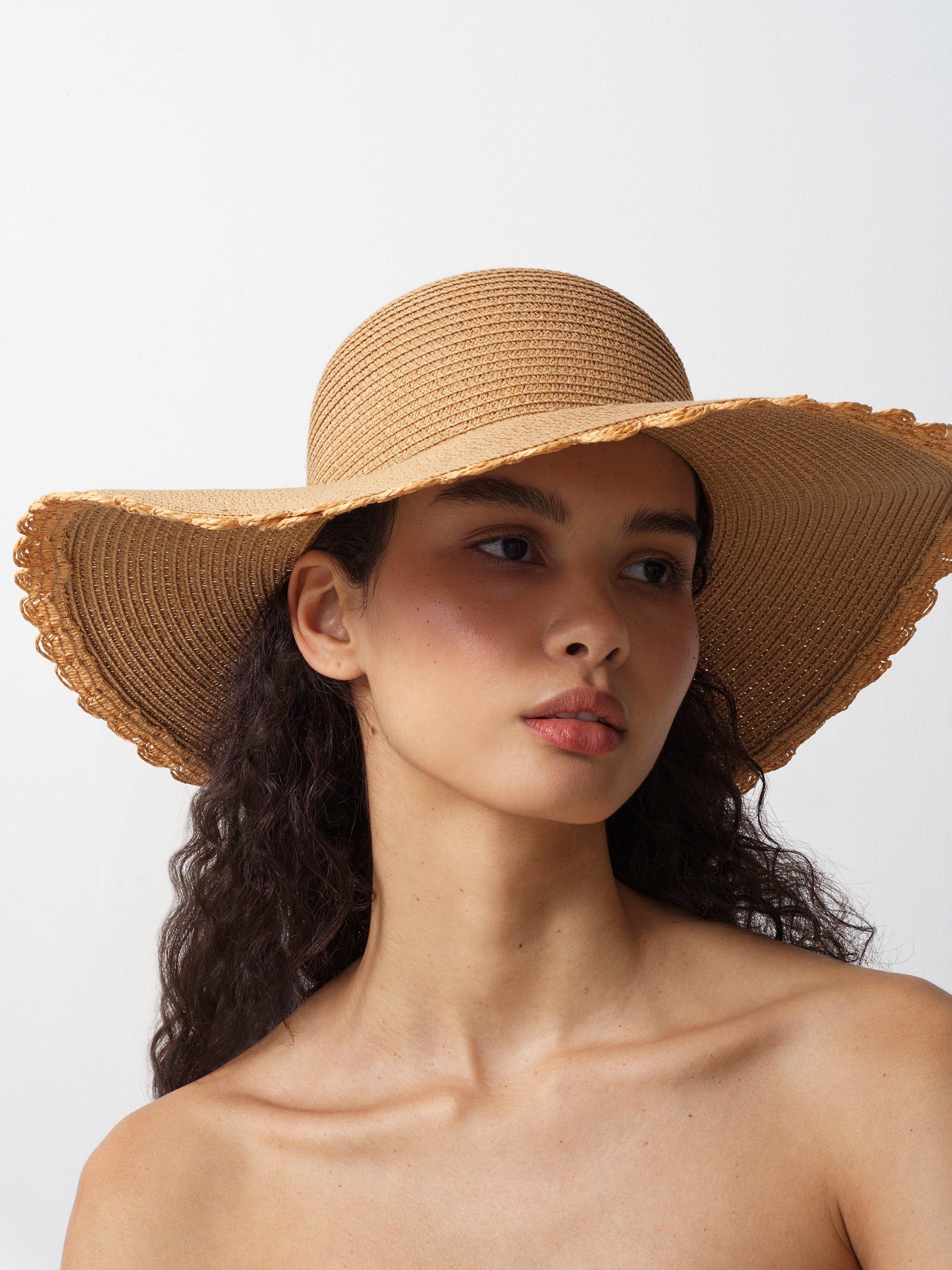 Product image 1 of 4, which shows French Connection Scallop Edge Straw Hat, Natural, One Size