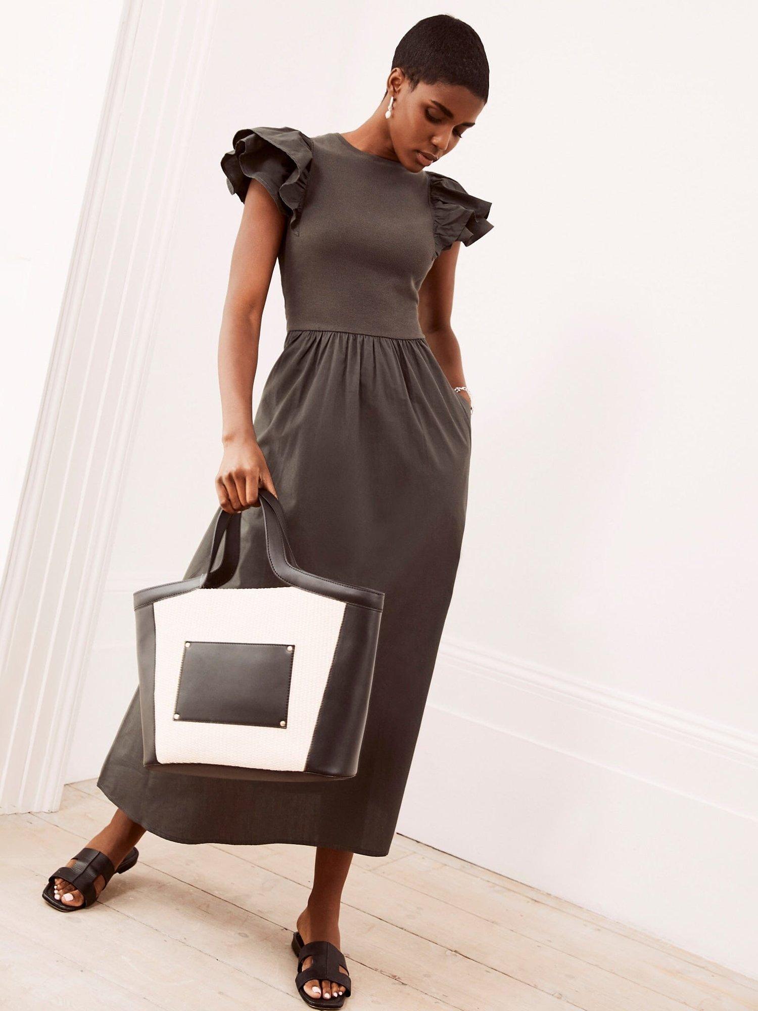 Mint Velvet Ruffle Sleeve Midi Dress, Khaki