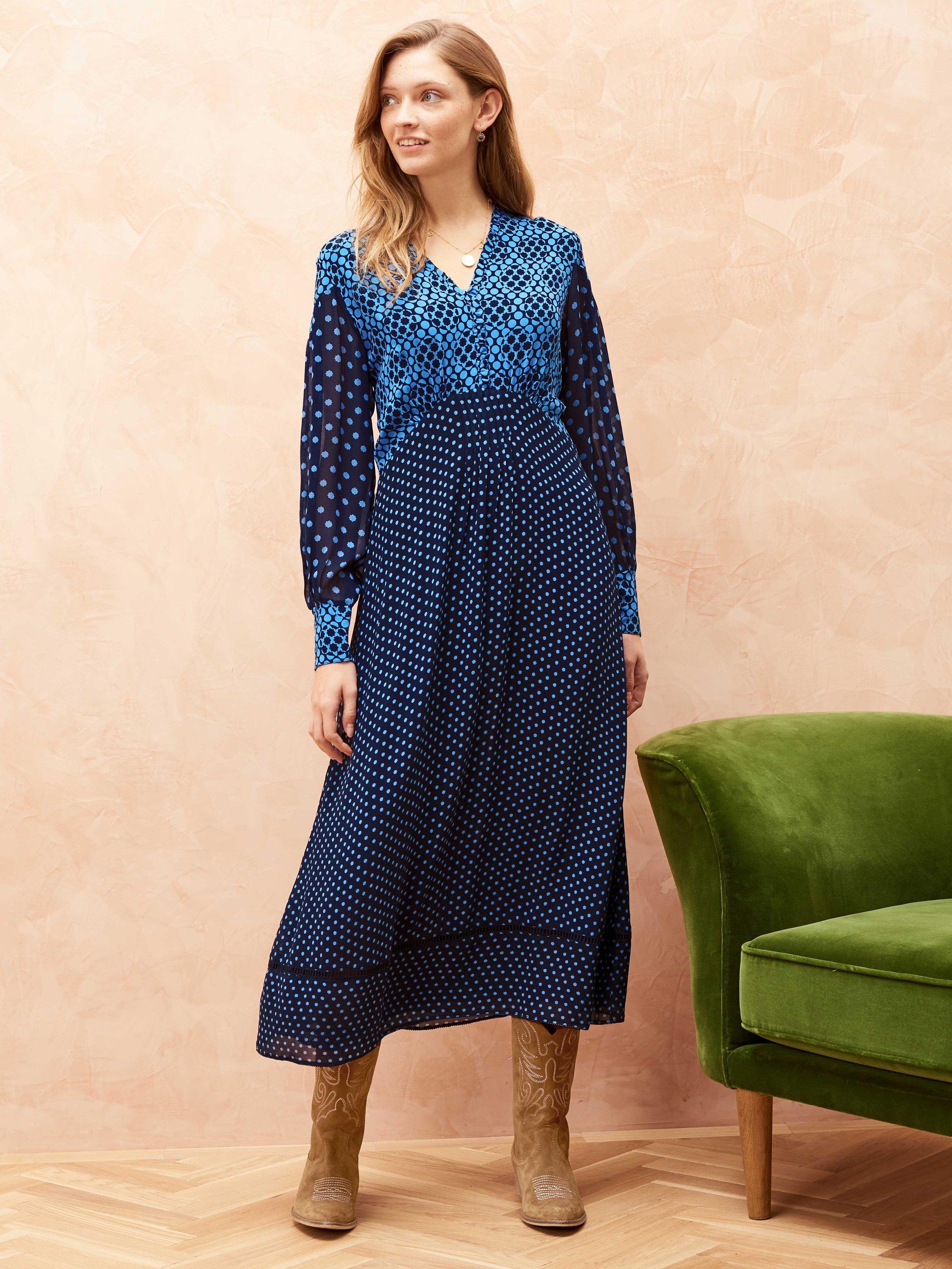 Brora Patchwork Empire Line Silk Dress, Navy/Lapis
