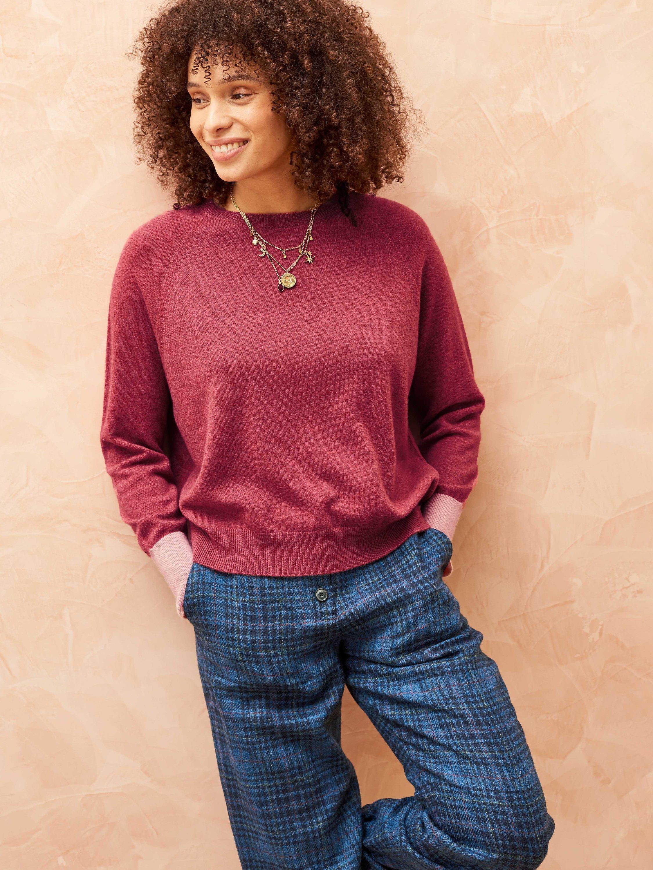 Brora Colour Block Batwing Cashmere Jumper, Pomegranate
