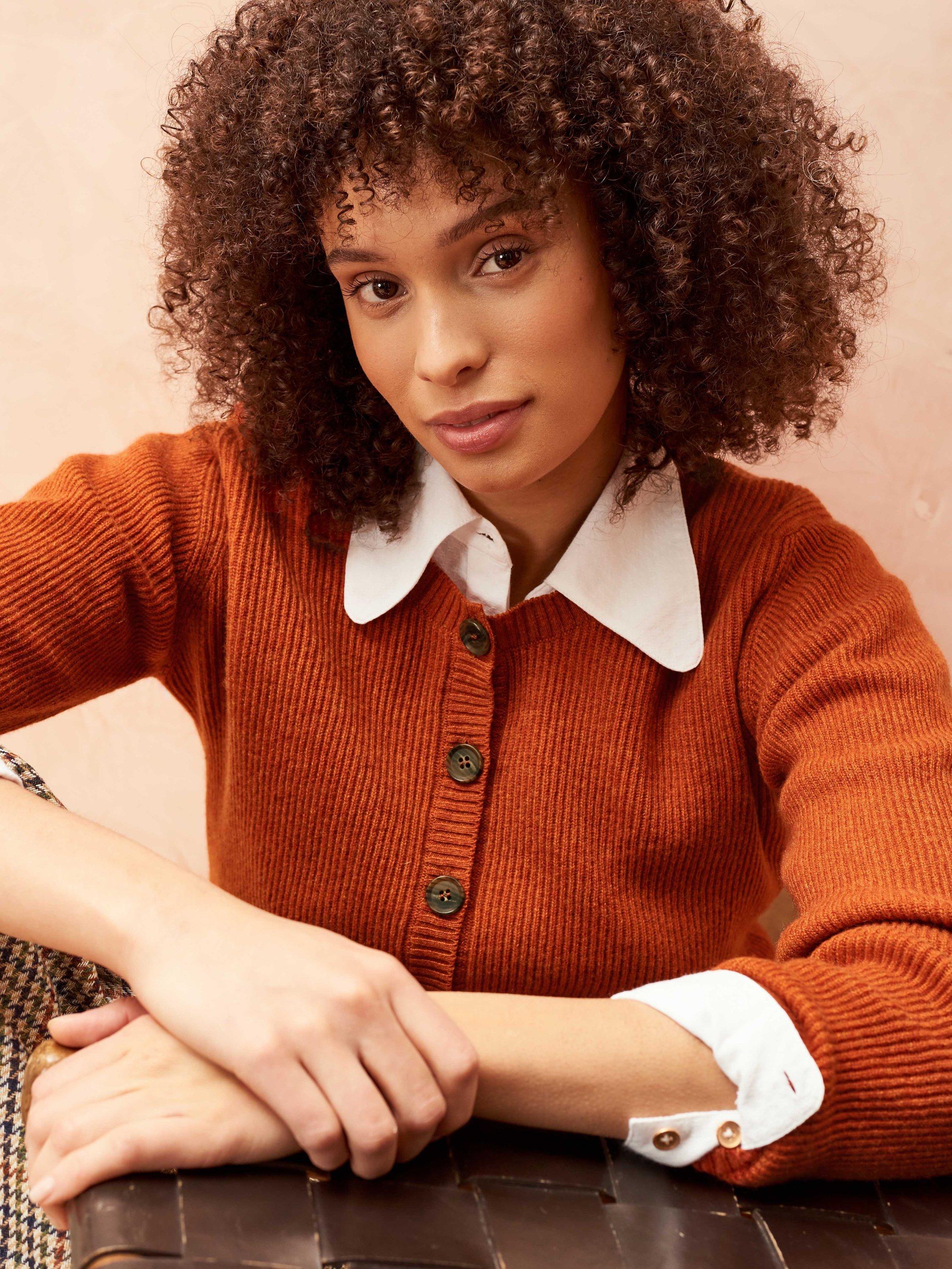Brora Plain Cashmere Ribbed Cardigan, Ember
