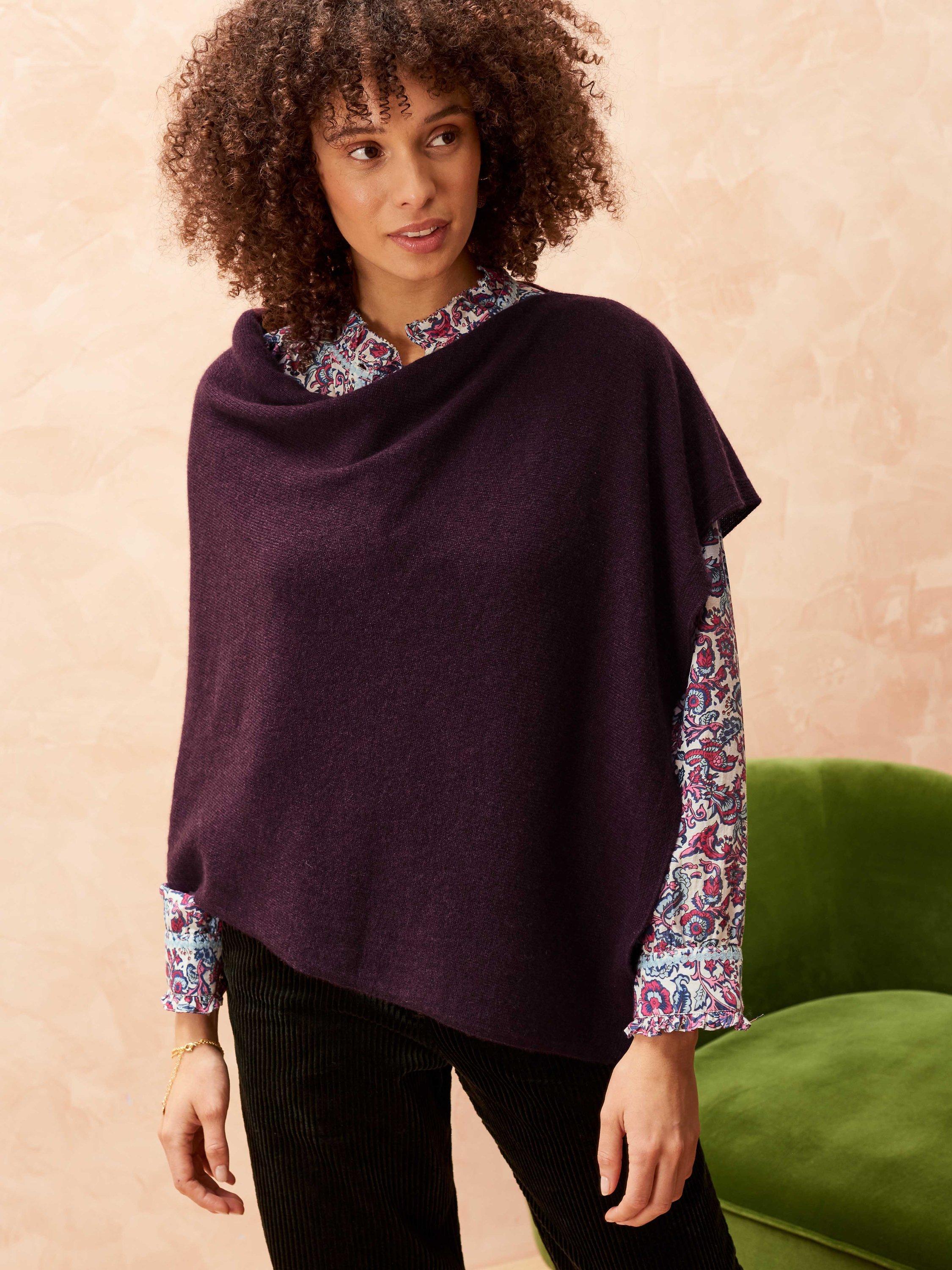 Brora Cashmere Gauzy Knit Poncho, Aubergine, One Size