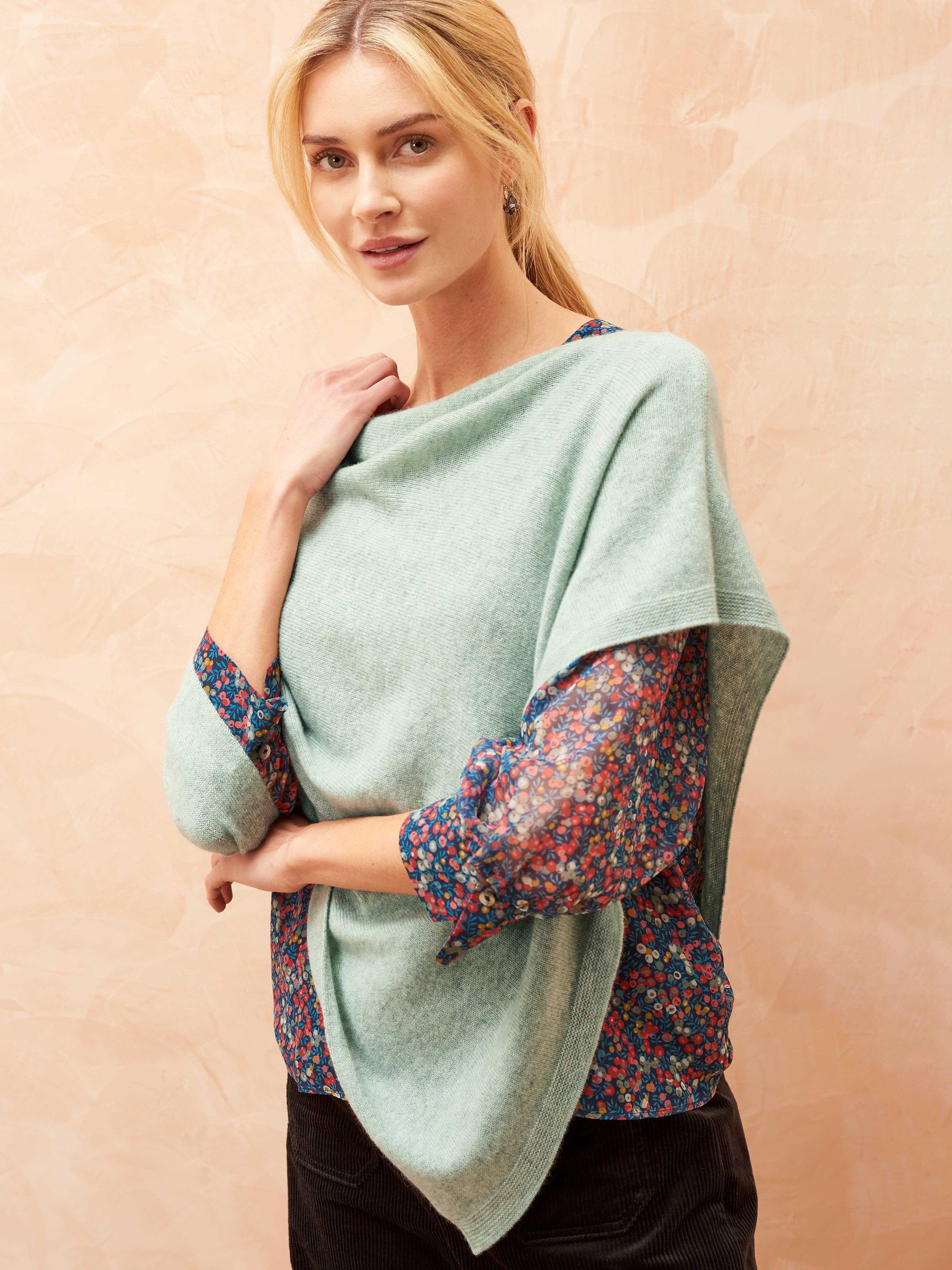Brora Cashmere Gauzy Knit Poncho, Duck Egg, One Size
